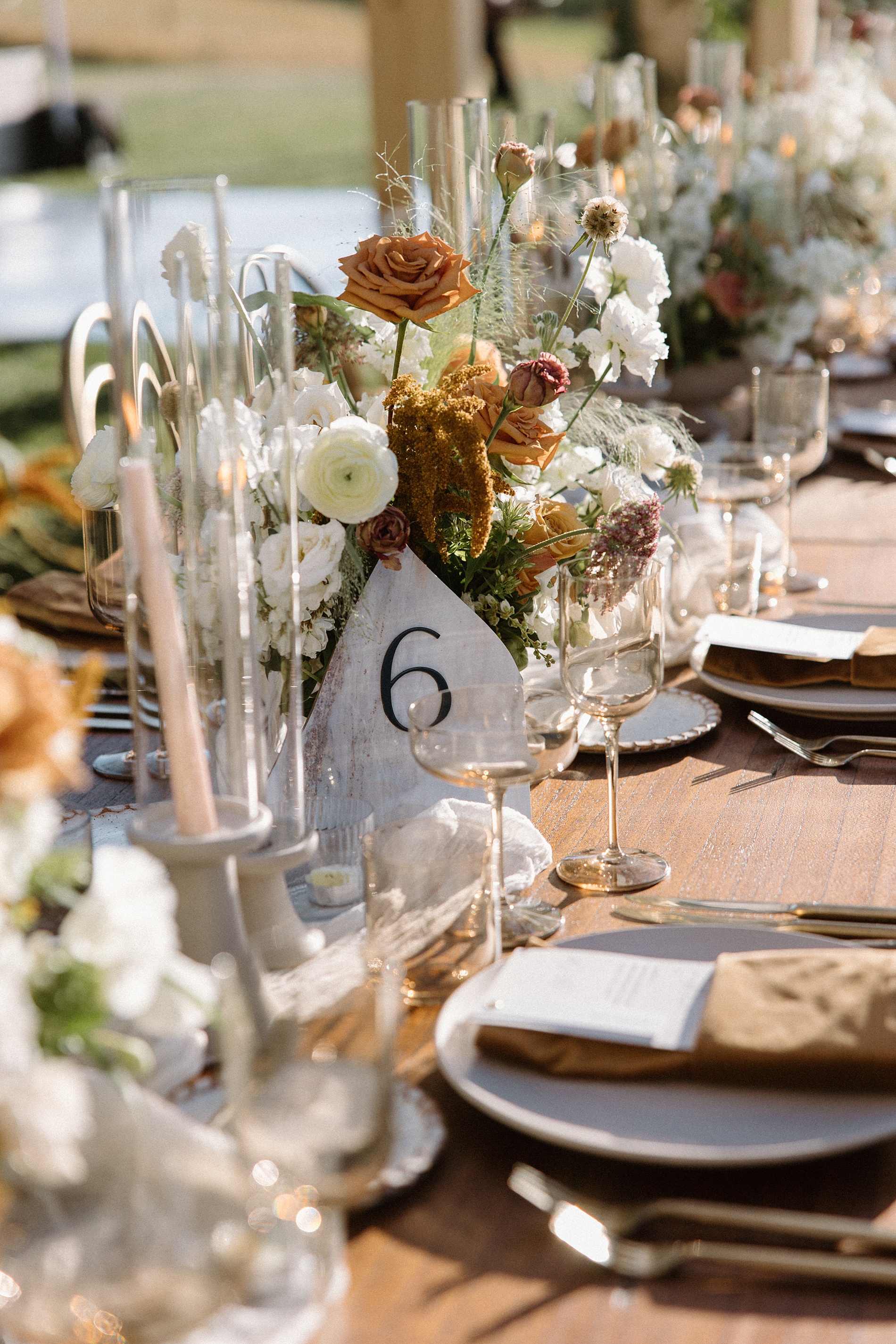 tablescape from outdoor wedding reception on family ranch in  Sheridan, WY