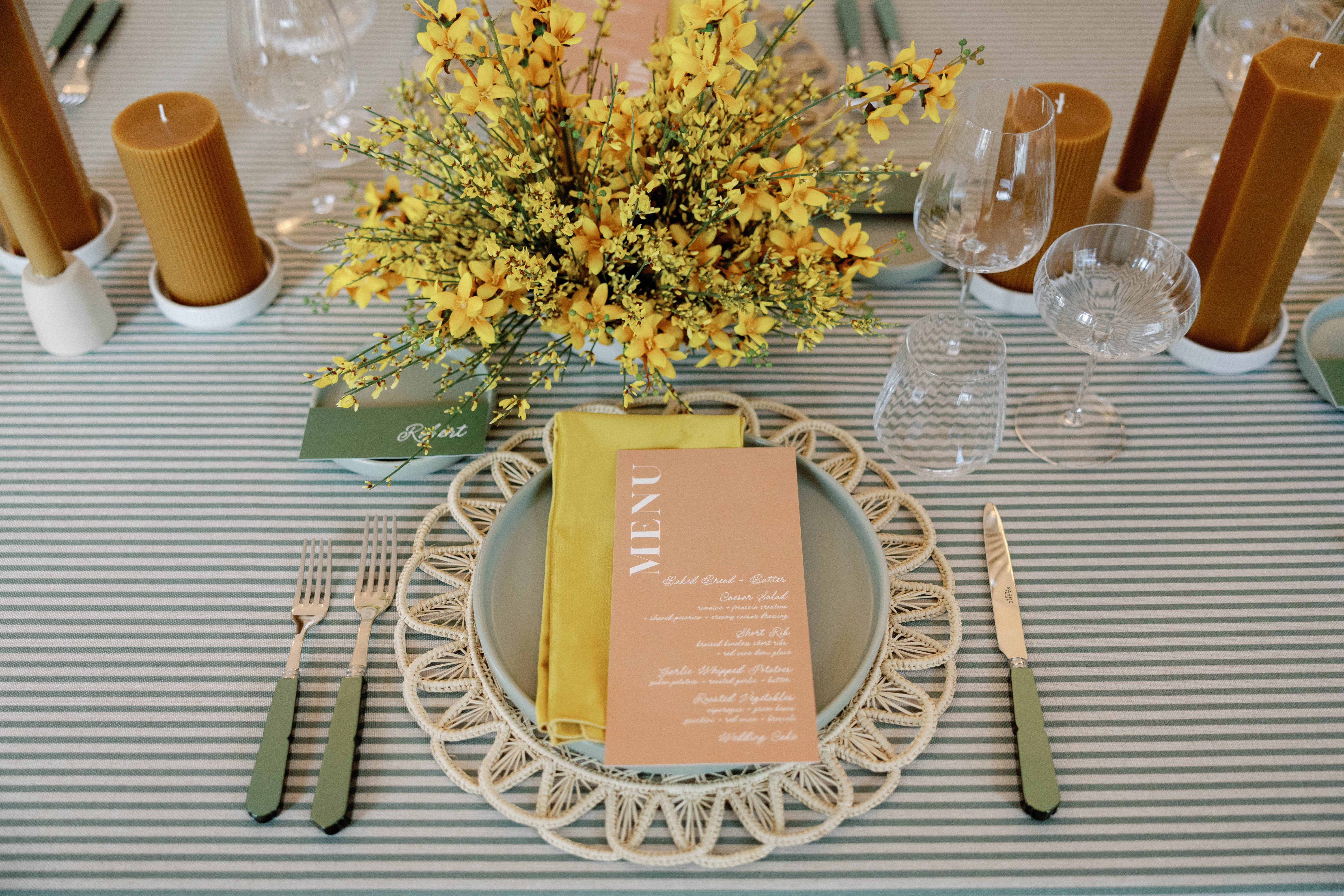 Custom peach menus on Marigold napkins at Wedding styled shoot at The Sloane in Nashville