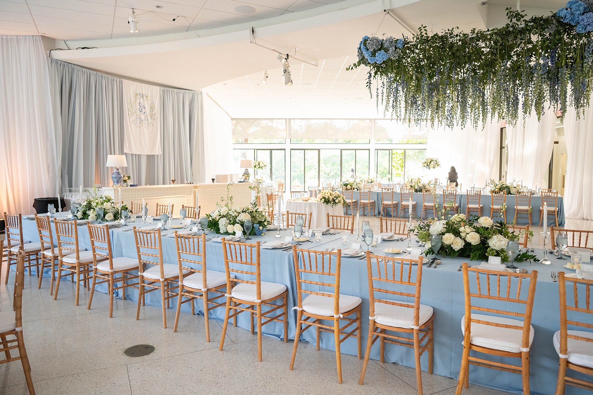 light blue tablecloths at elegant spring wedding 