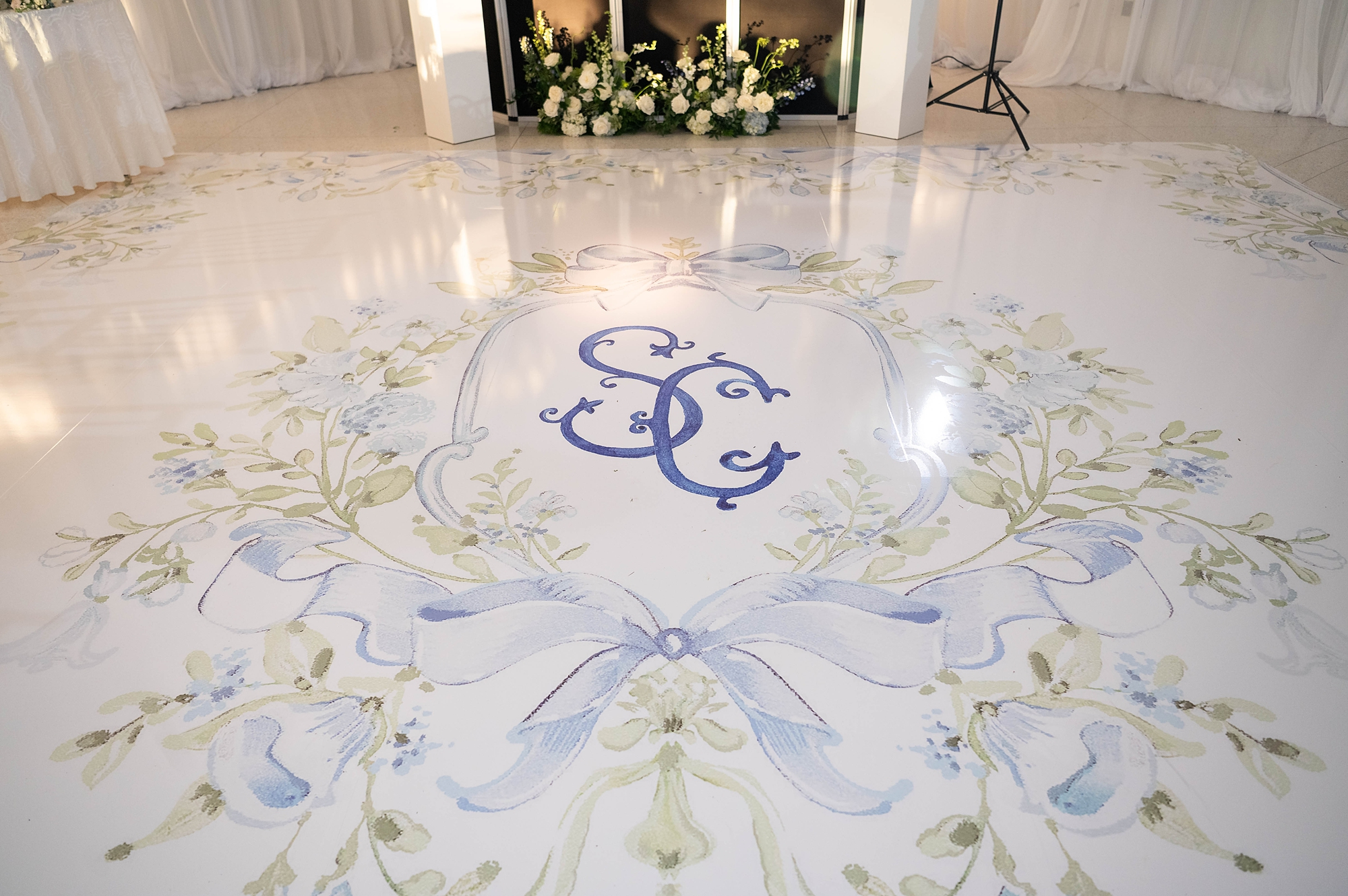 custom monogram on floor wrap of dance floor