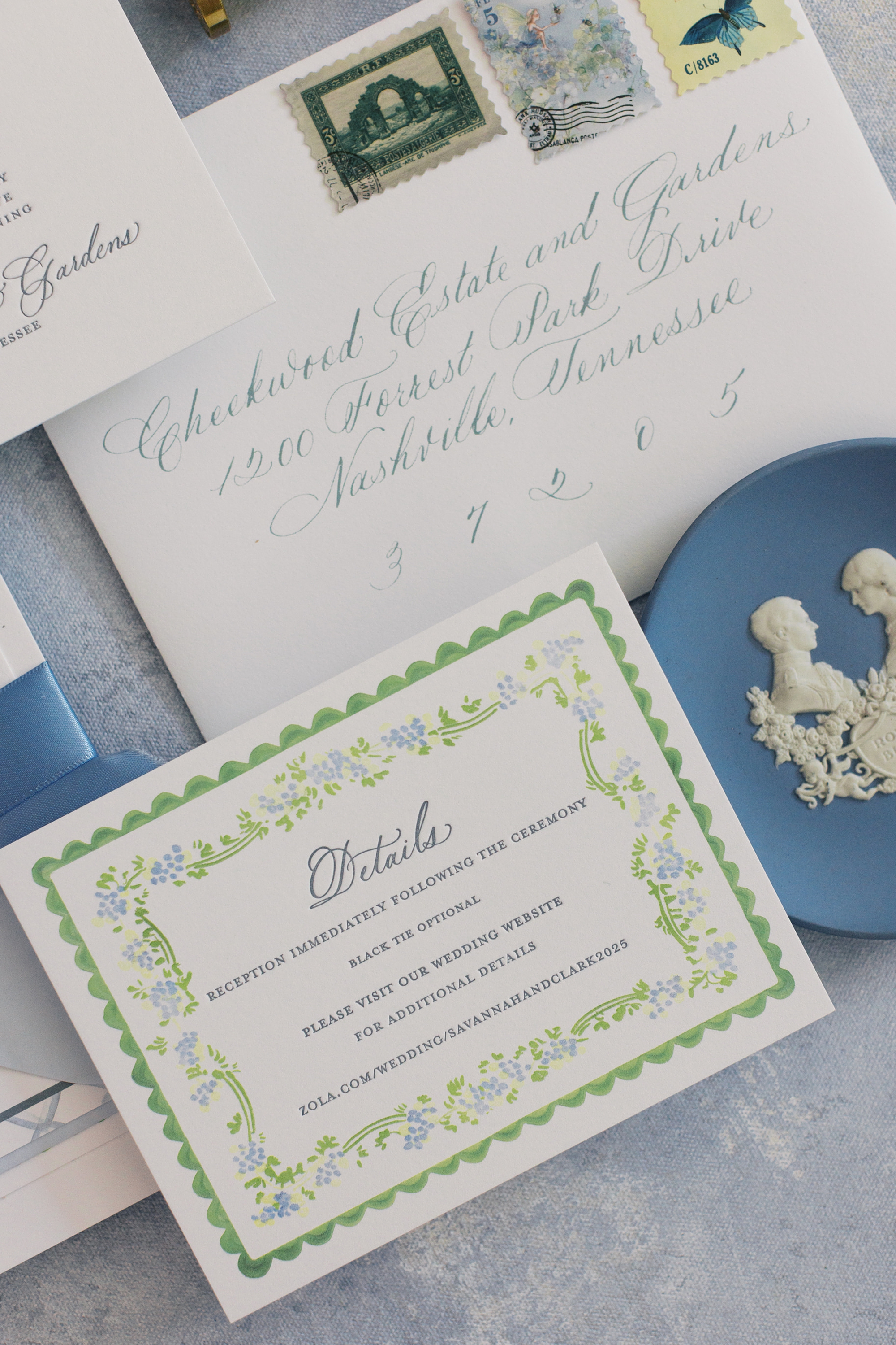wedding details card with same design as wedding place cards 