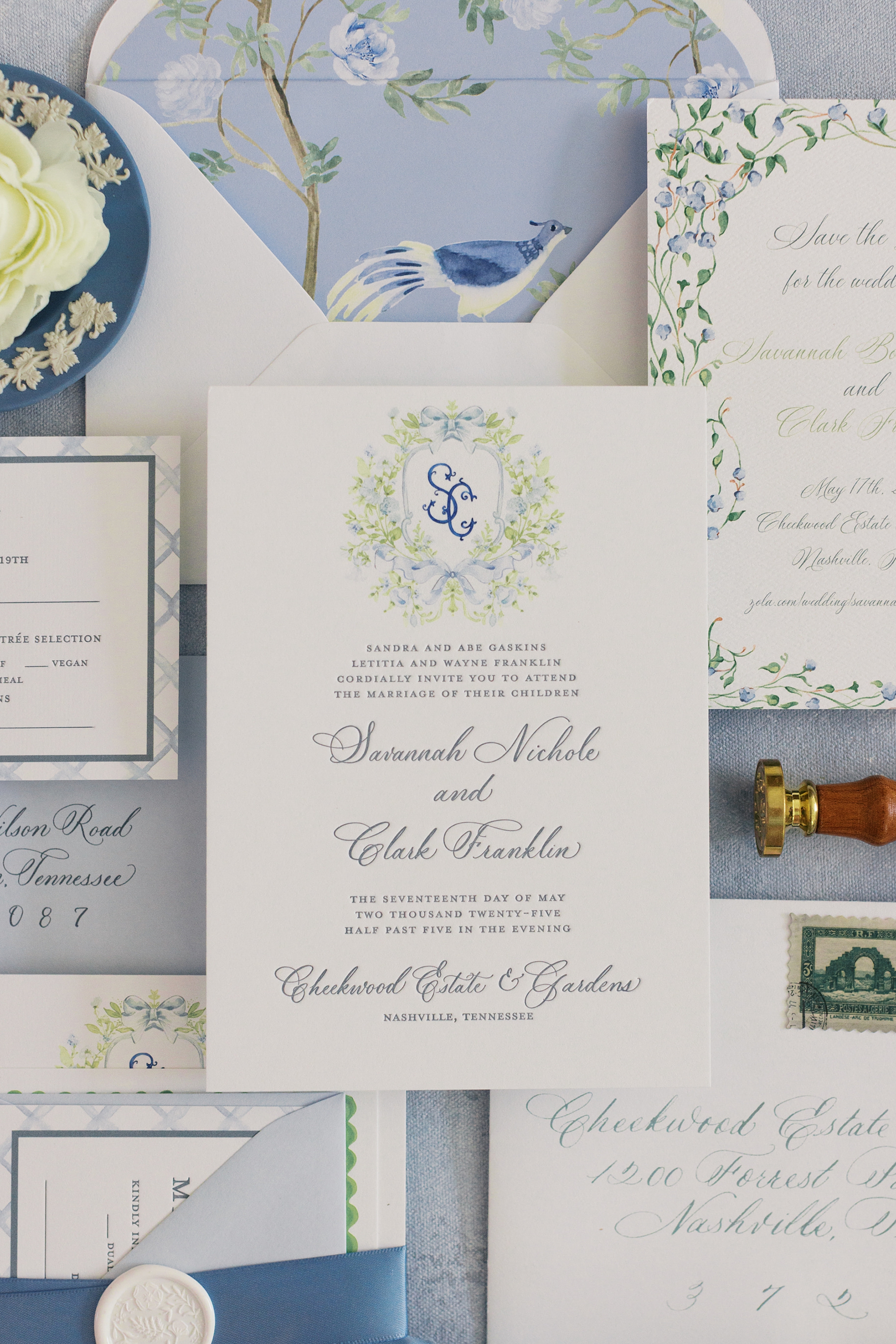 Elegant Spring Wedding invitations with custom monogram and light blue details from Cheekwood wedding  