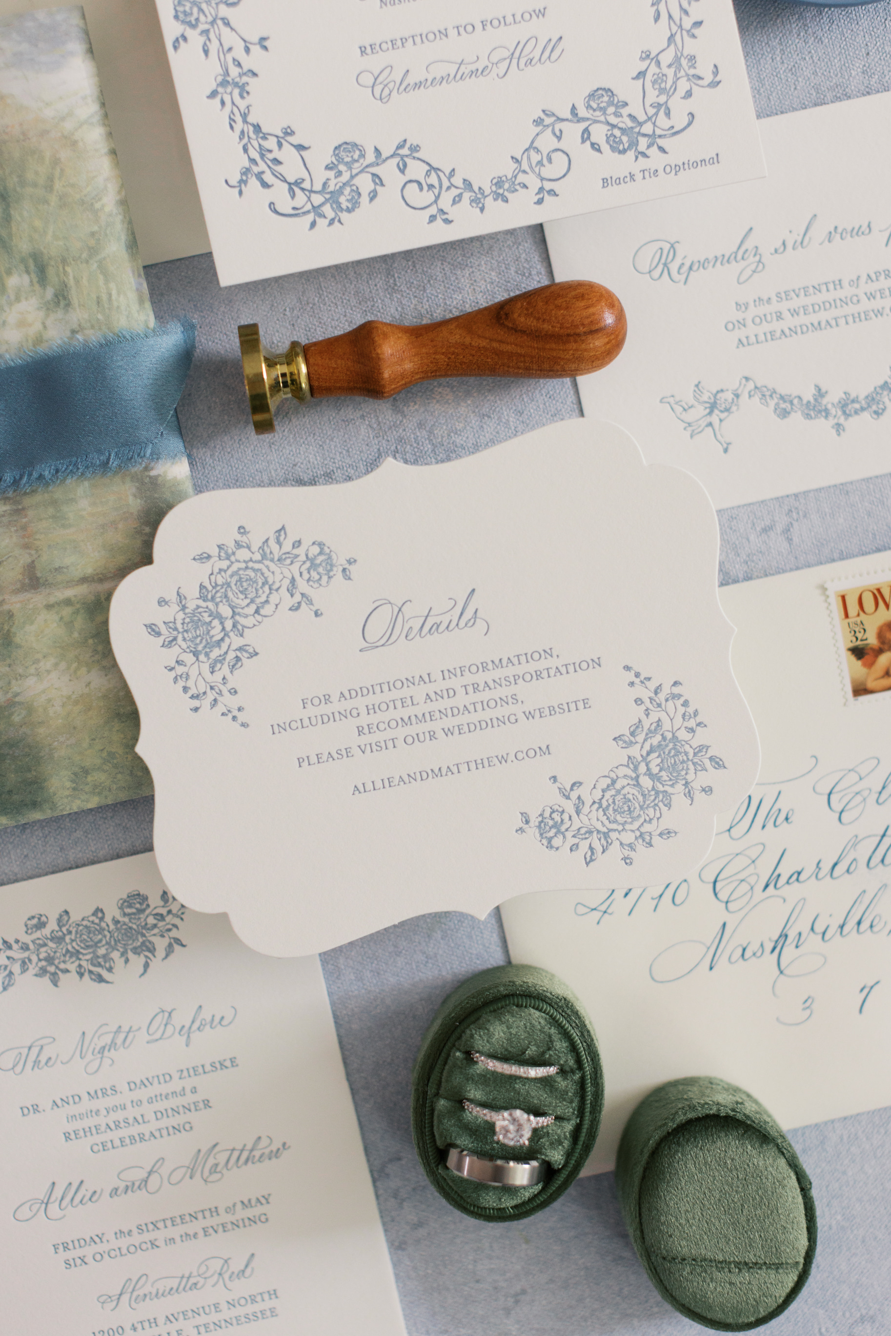Custom letter-pressed Clementine Hall Wedding invitations 