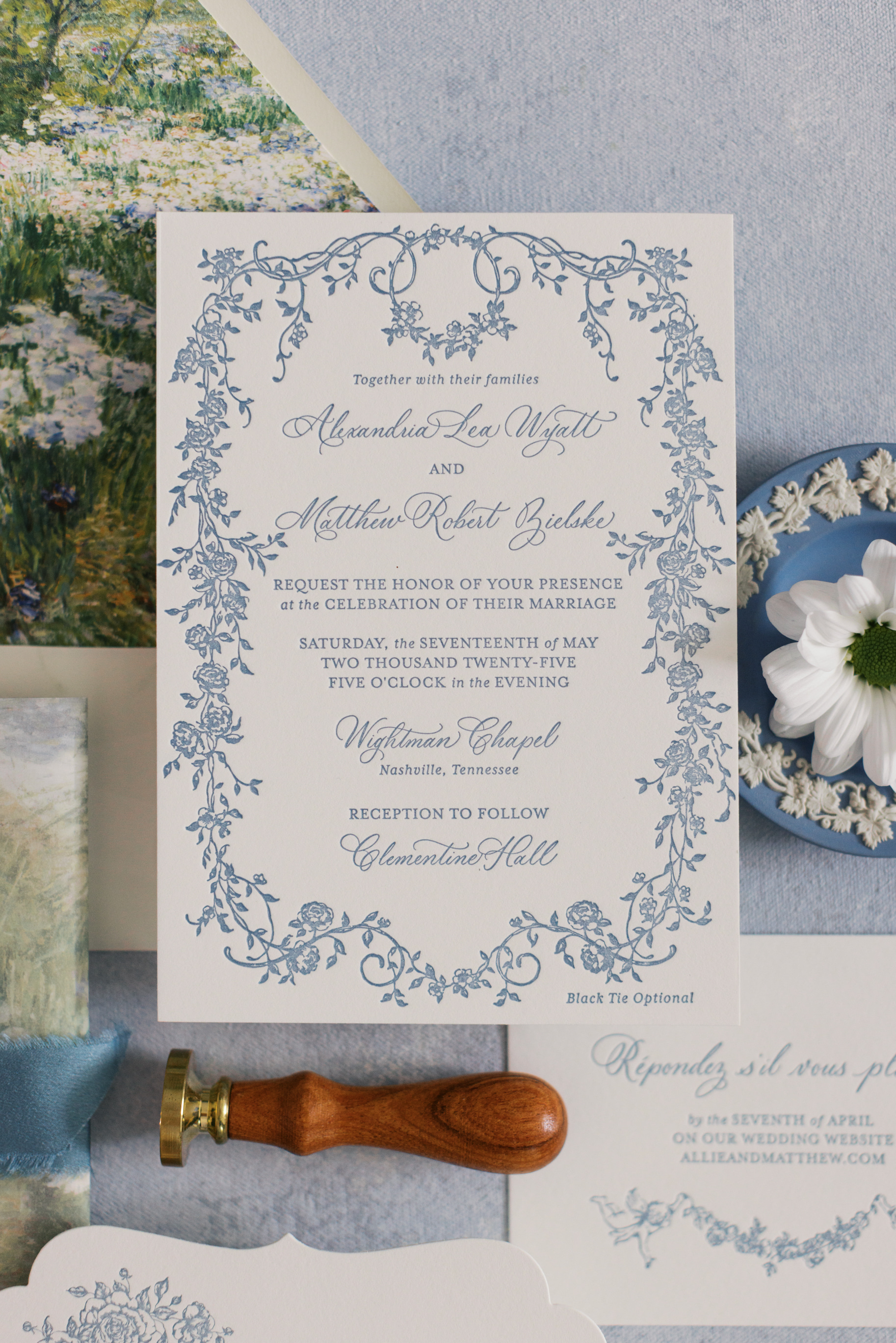 Elegant Nashville wedding invitation with vintage details 