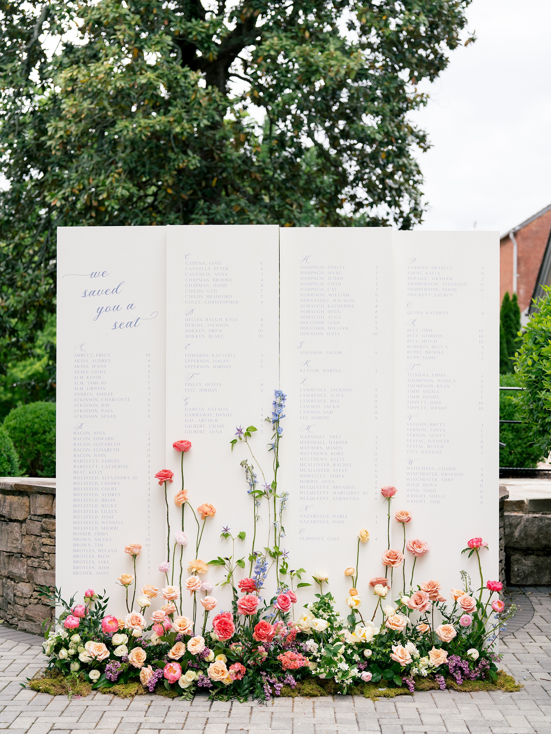 white Seating chart display with blue lettering and flowers gathered at the bottom 