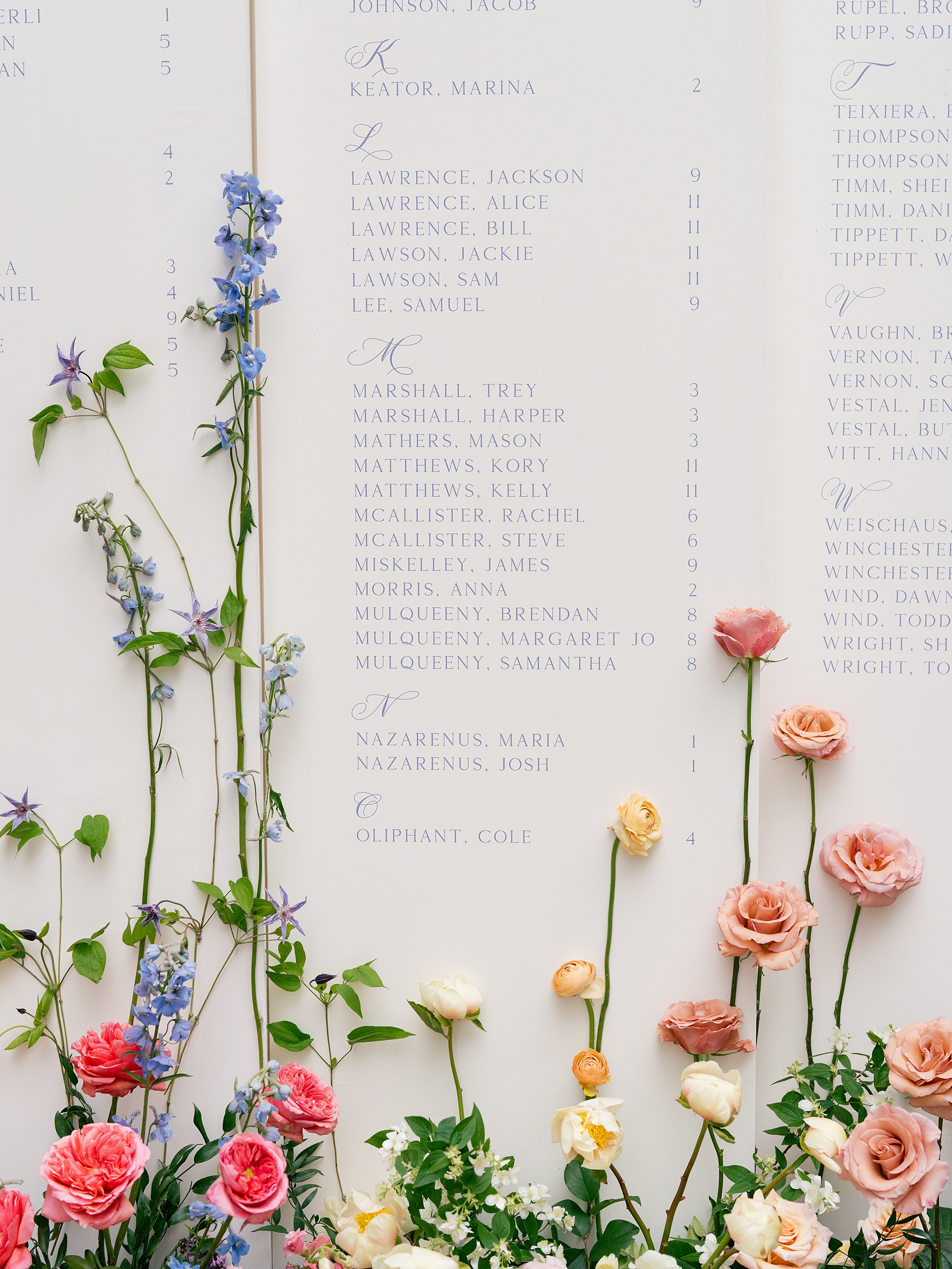 tall stems of flowers extend up large seating chart display 