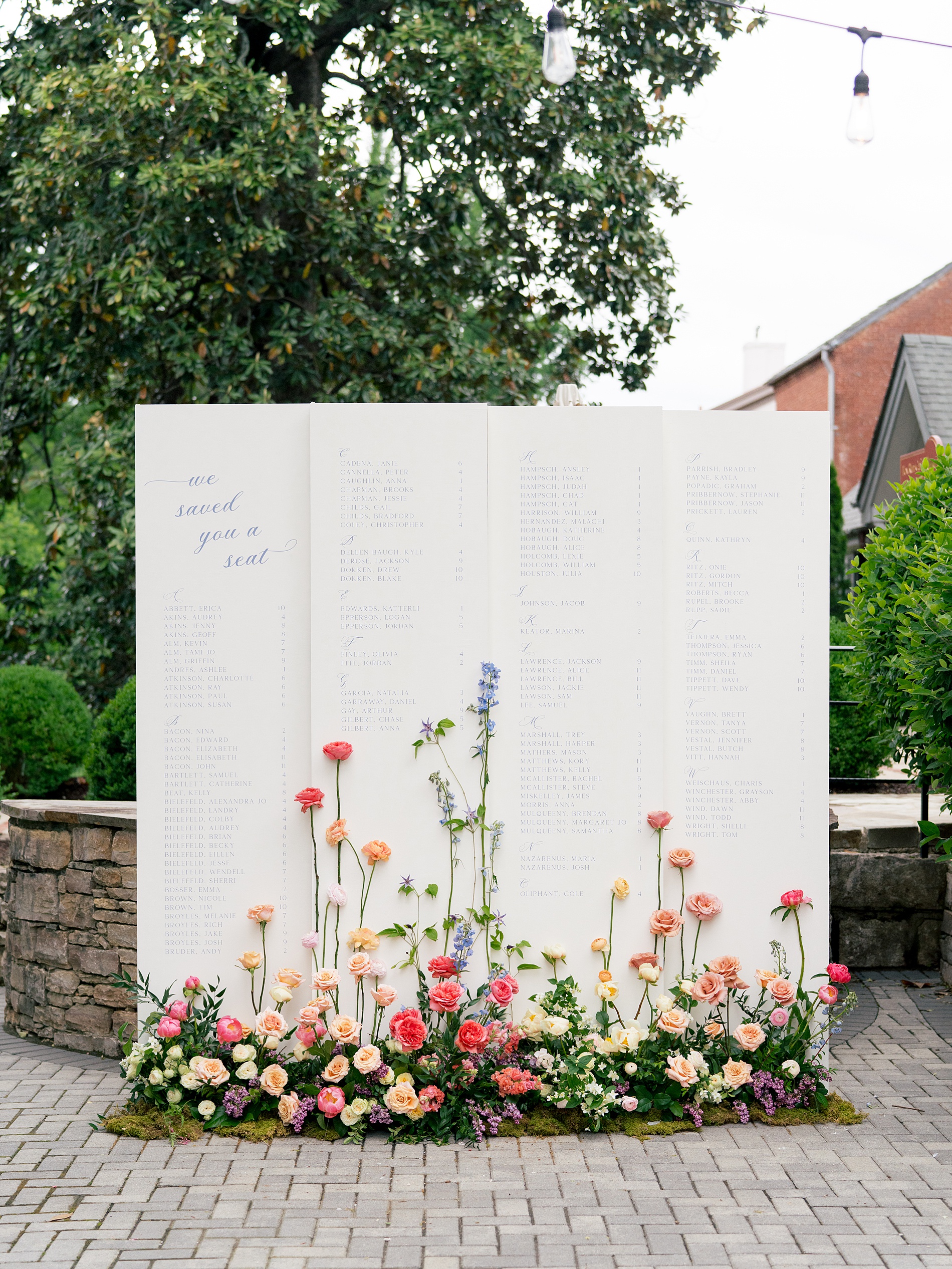 white Seating chart display with blue lettering and flowers gathered at the bottom 