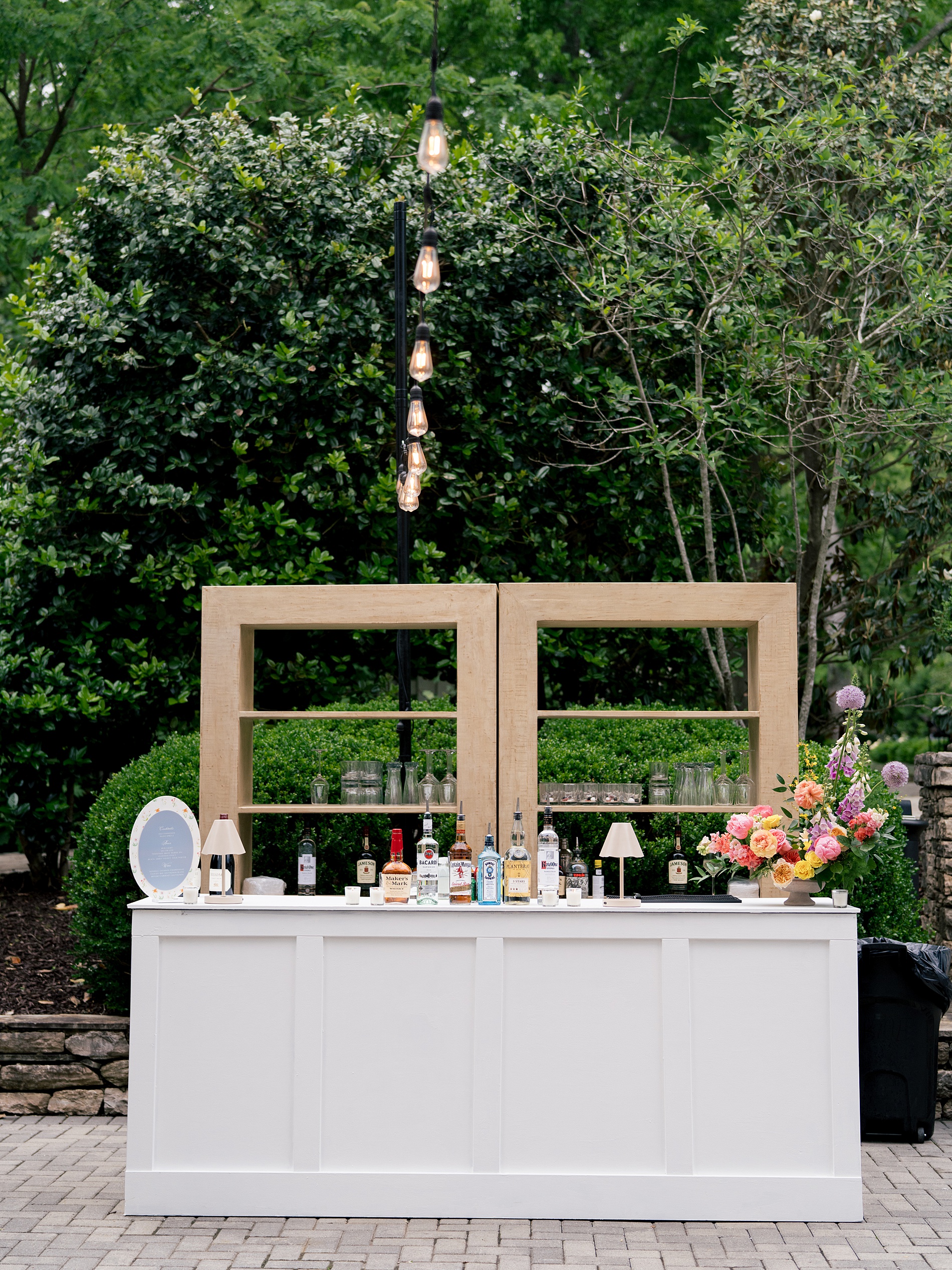 outdoor bar display at artistic and colorful wedding at Belle Meade