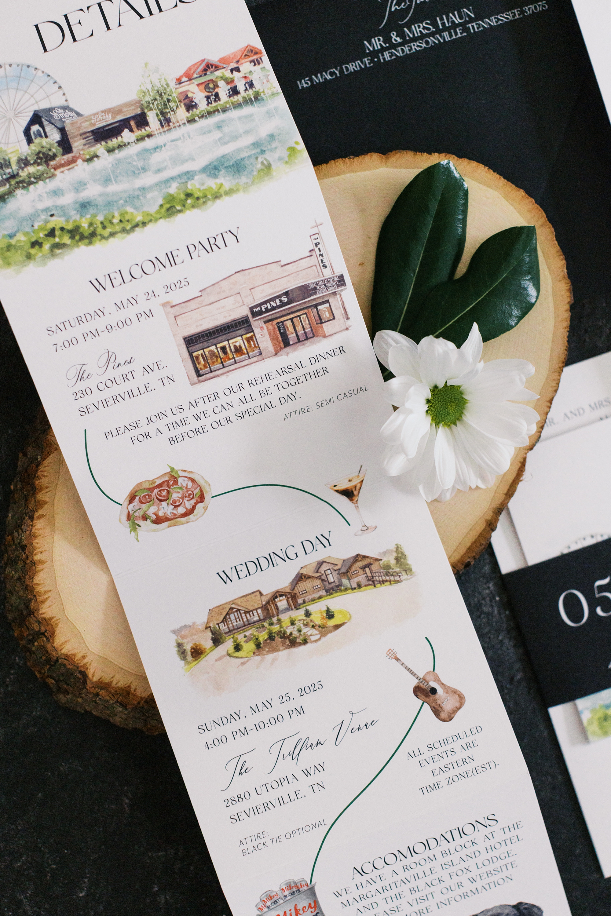 Black and White Invitation Suite with Custom Artwork by full-service wedding design house, White Ink Calligraphy