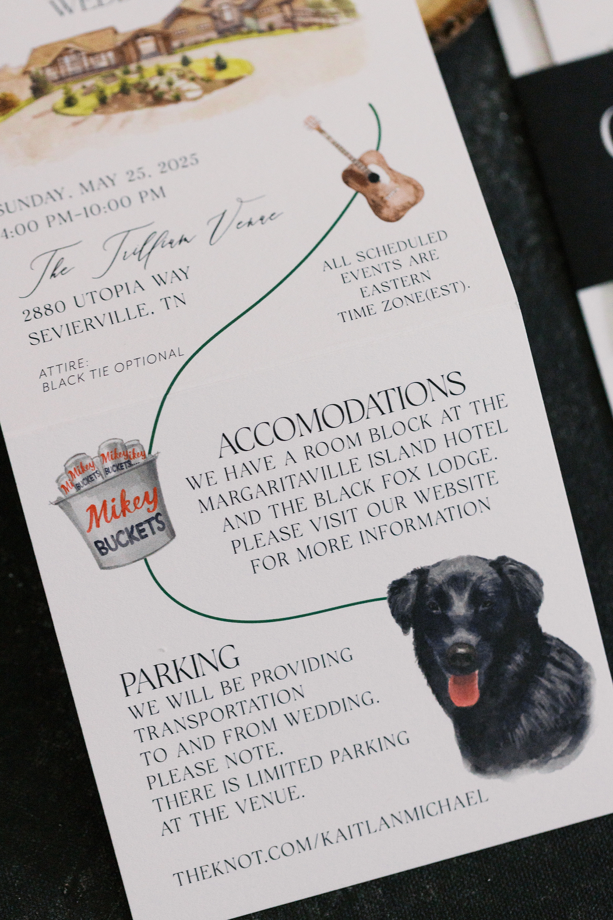 Black and White Invitation Suite with Custom Artwork by full-service wedding design house, White Ink Calligraphy