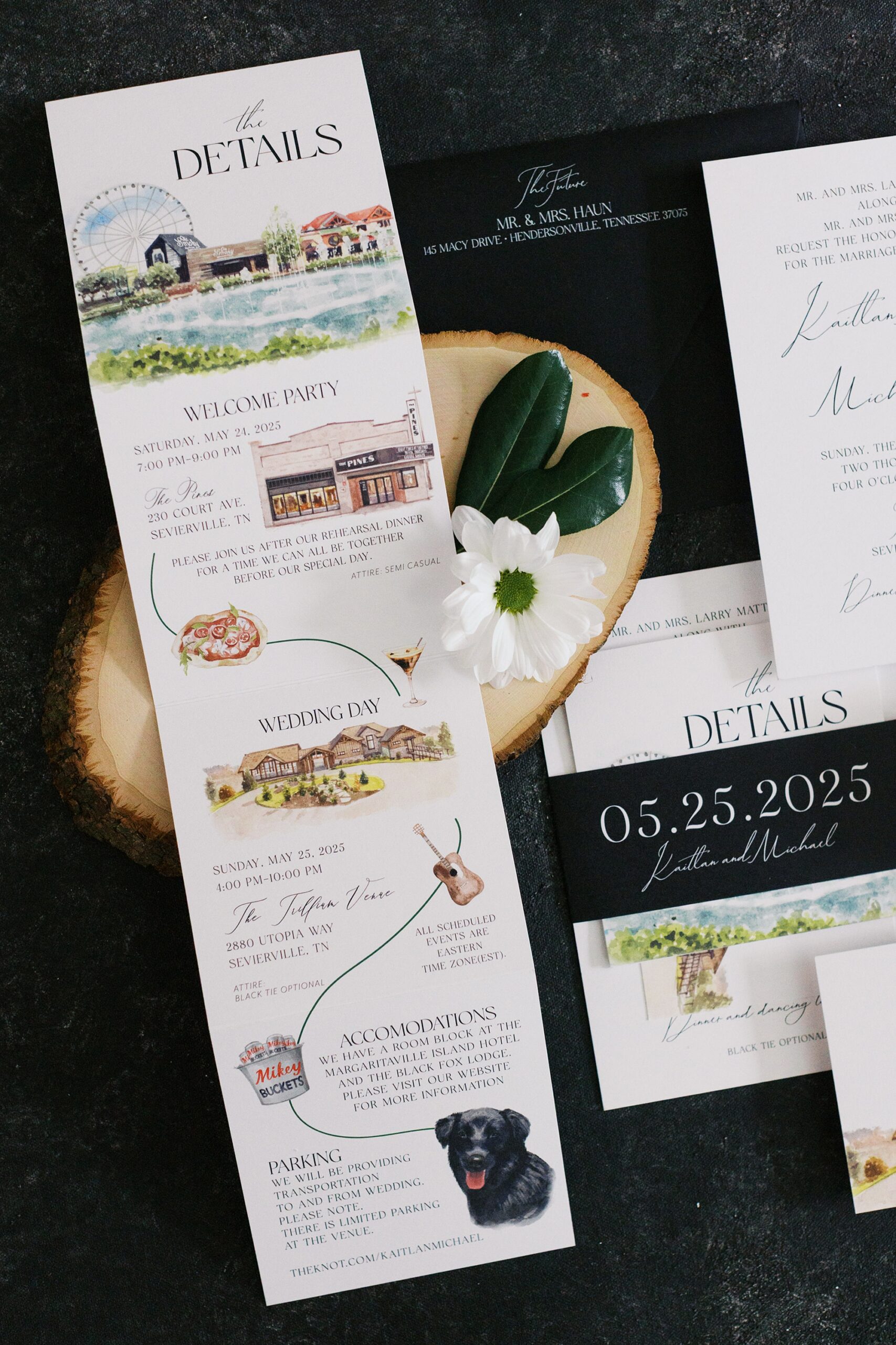 Black and White Invitation Suite with Custom Artwork