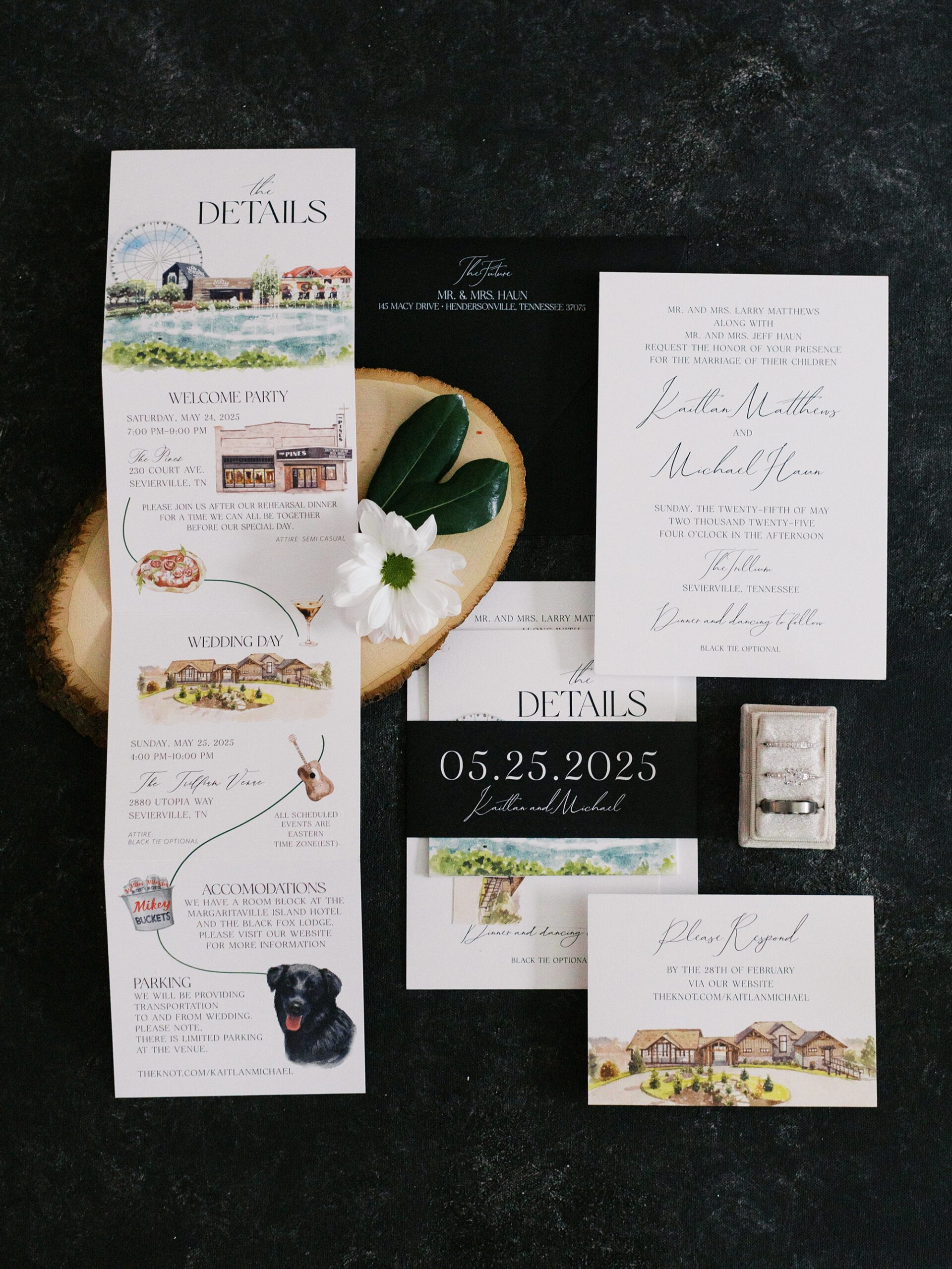 Black and White Invitation Suite with Custom Artwork by full-service wedding design house, White Ink Calligraphy