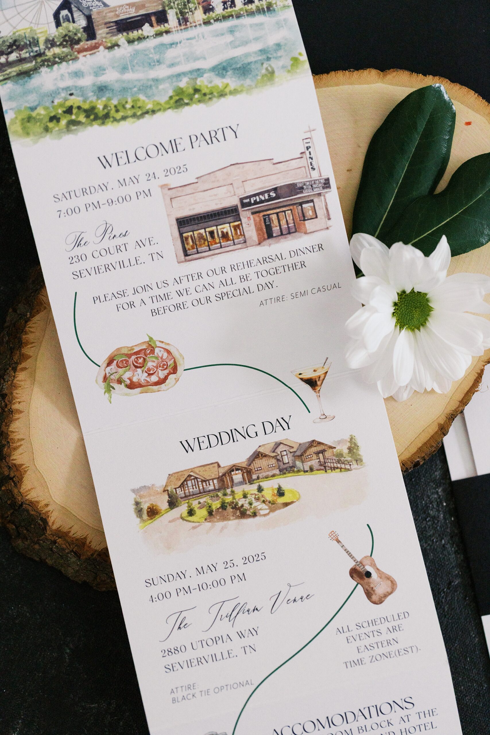 Black and White Invitation Suite with Custom Artwork by full-service wedding design house, White Ink Calligraphy