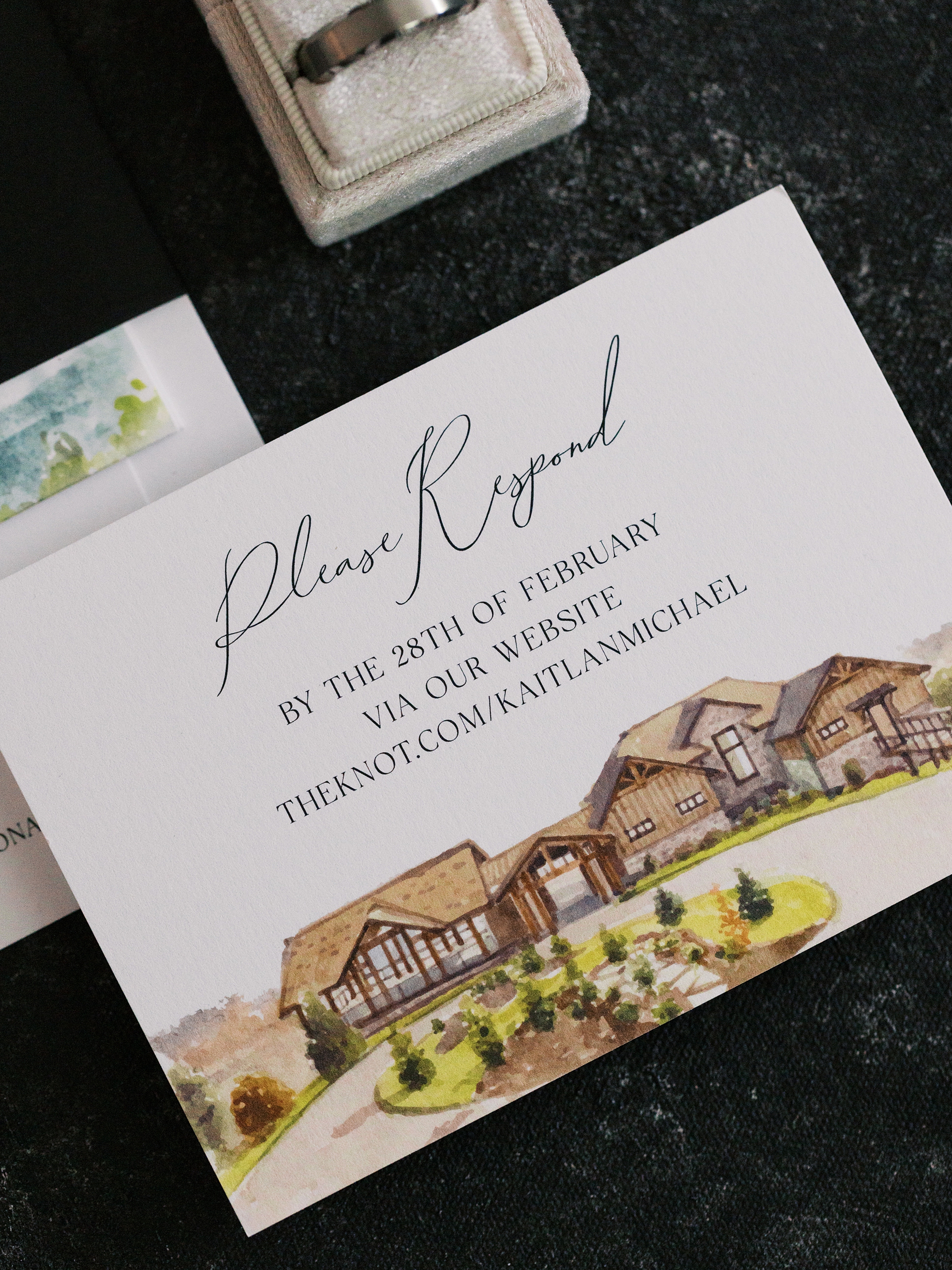 rsvp card with custom artwork of wedding venue, The Trillium, in East Tennessee 