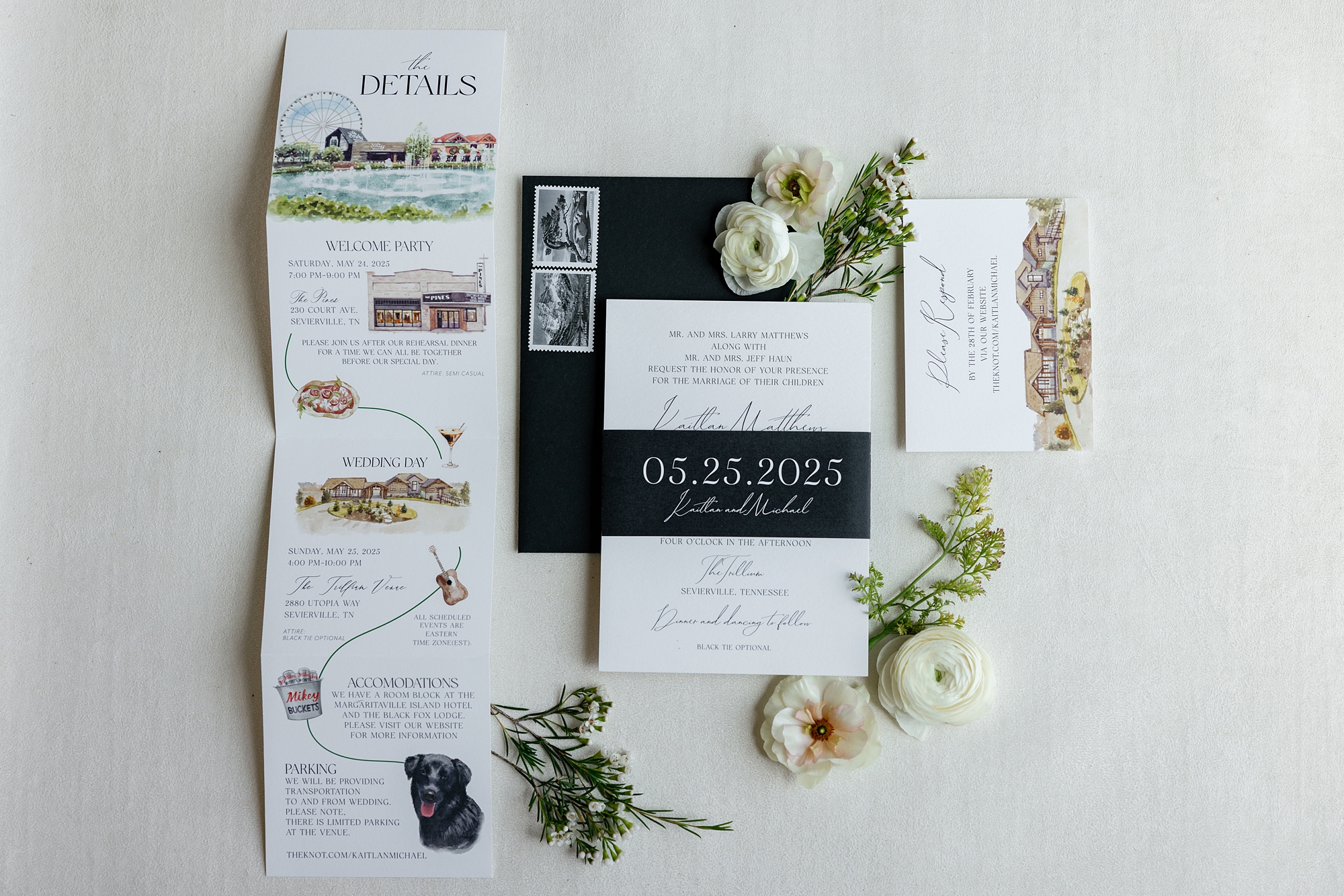 Black and White Invitation Suite with Custom Artwork on the details card and rsvp card 