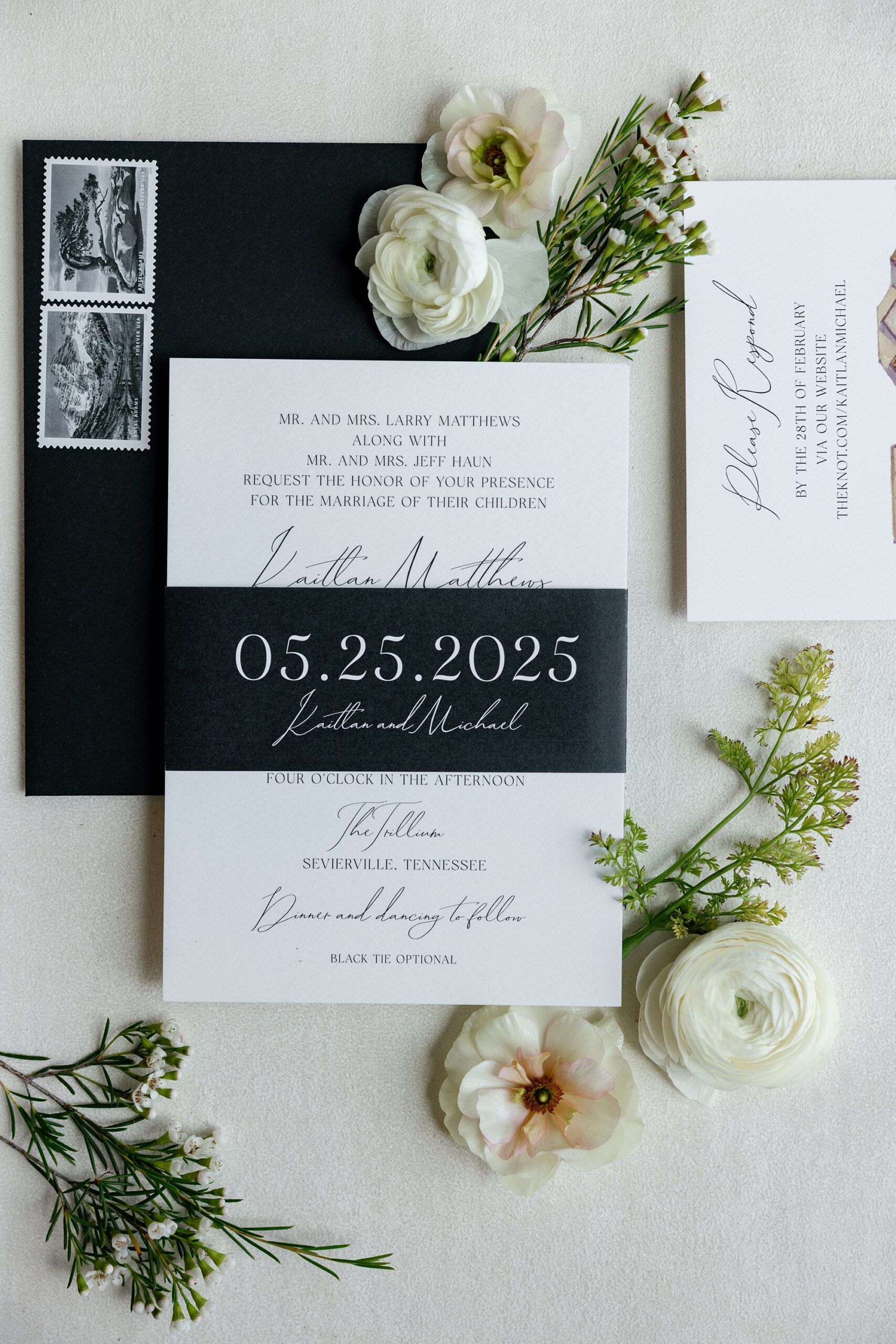 Black and White Invitation Suite for classic wedding at the Trillium in East Nashville