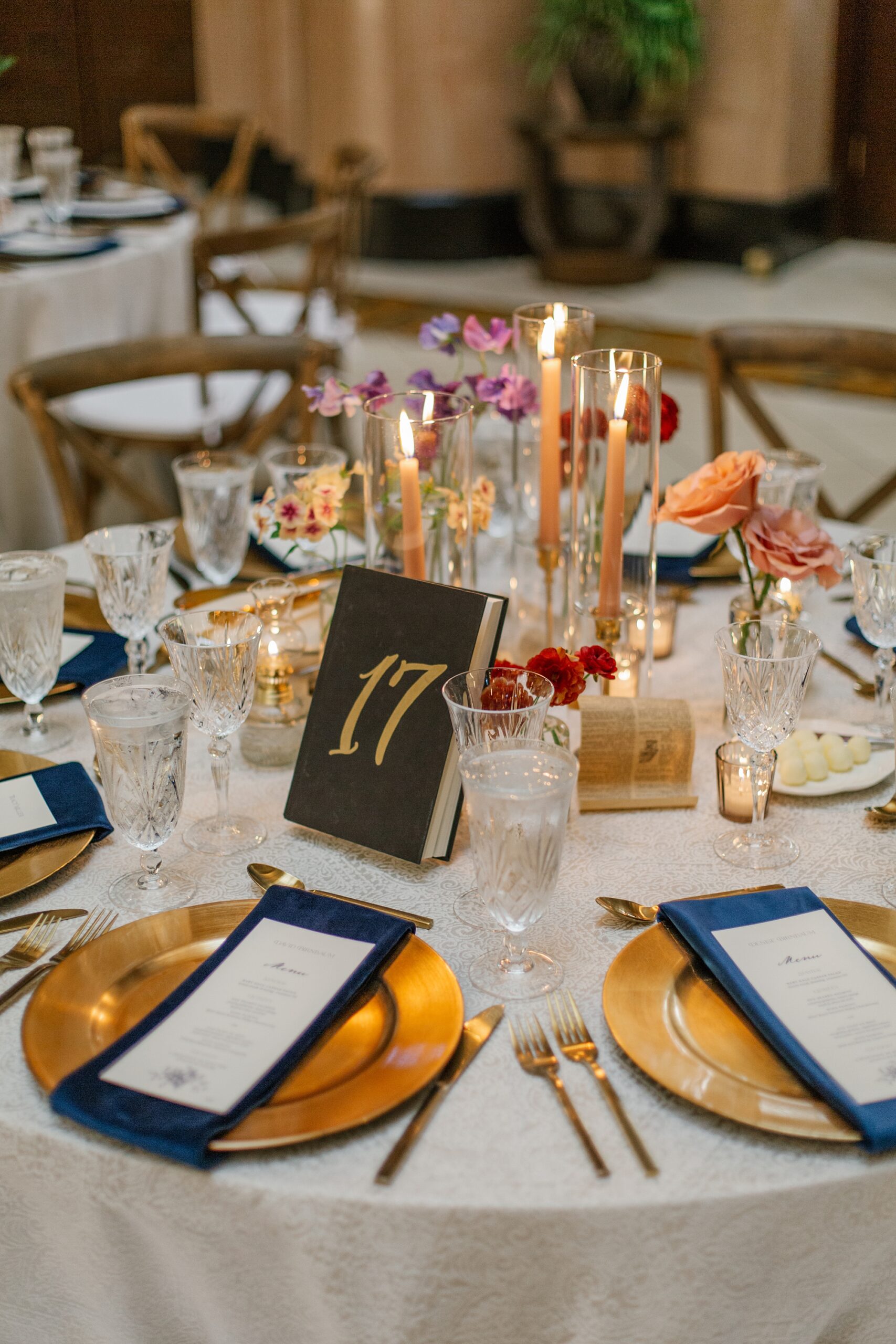 Elegant tablescape with vintage book details from Union Station Hotel wedding in Nashville