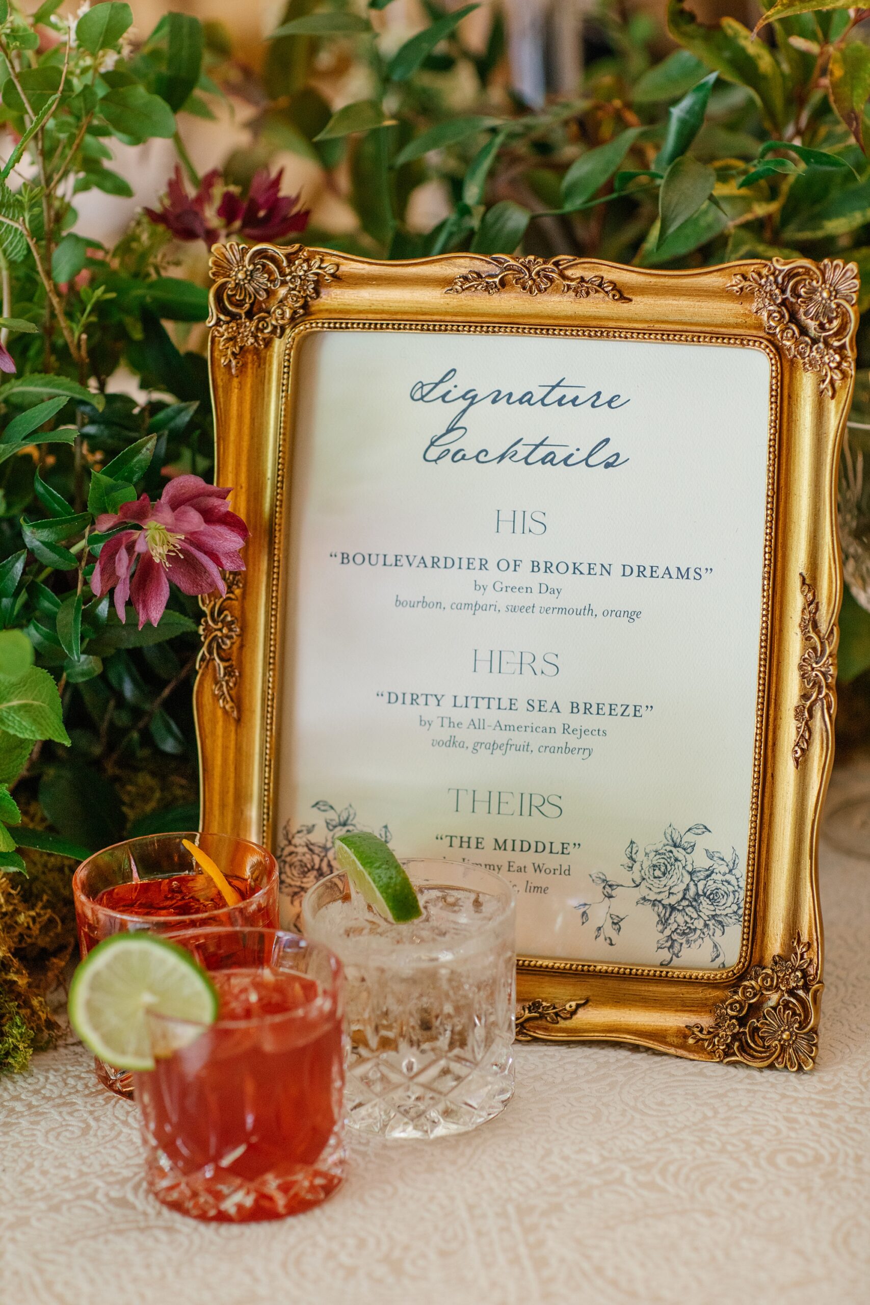 Signature cocktail sign in gold frame, pointing to the design and style of historic wedding venue, Union Station Hotel 