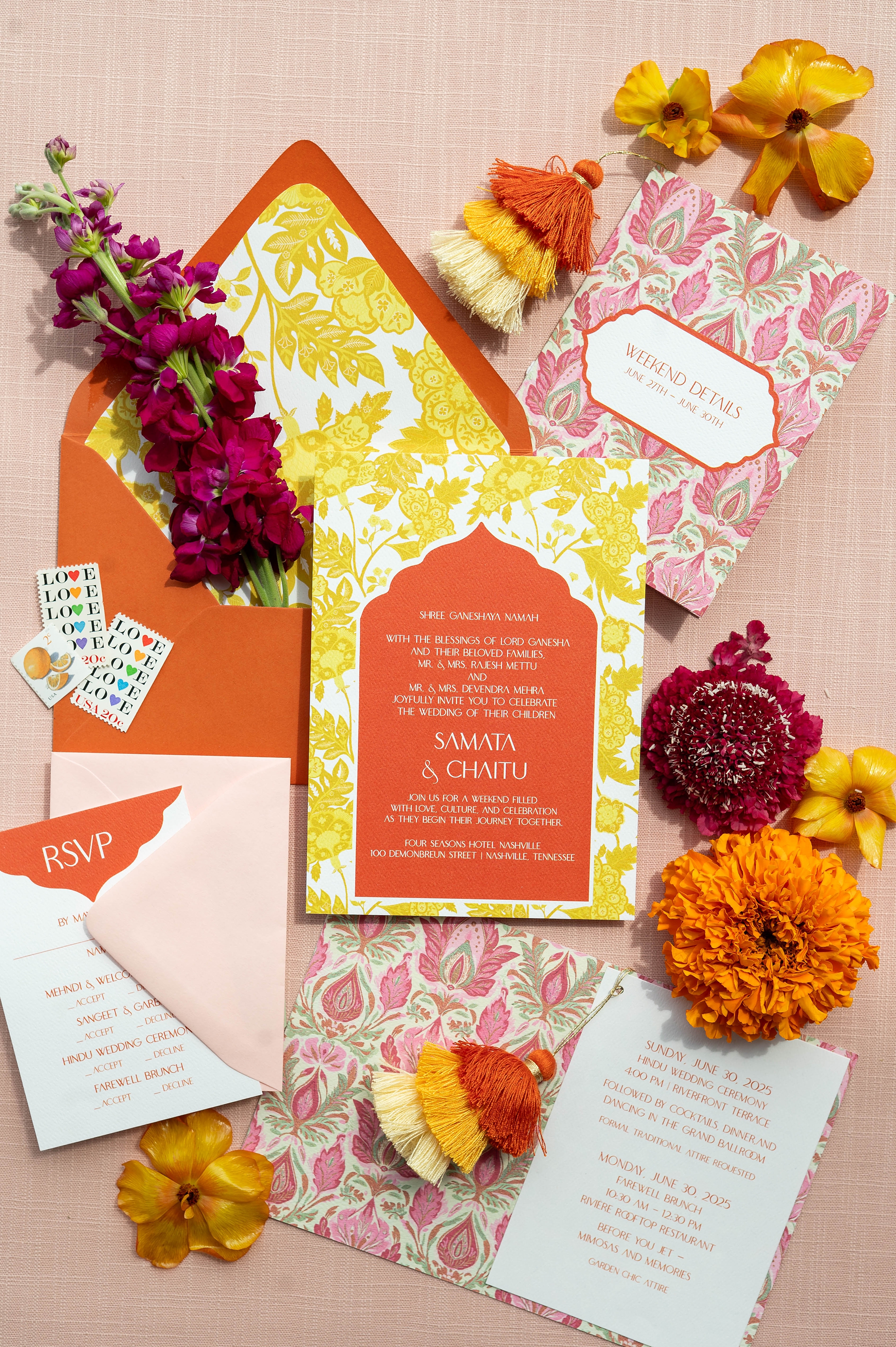 custom invitation suite in bright colors of orange and yellow