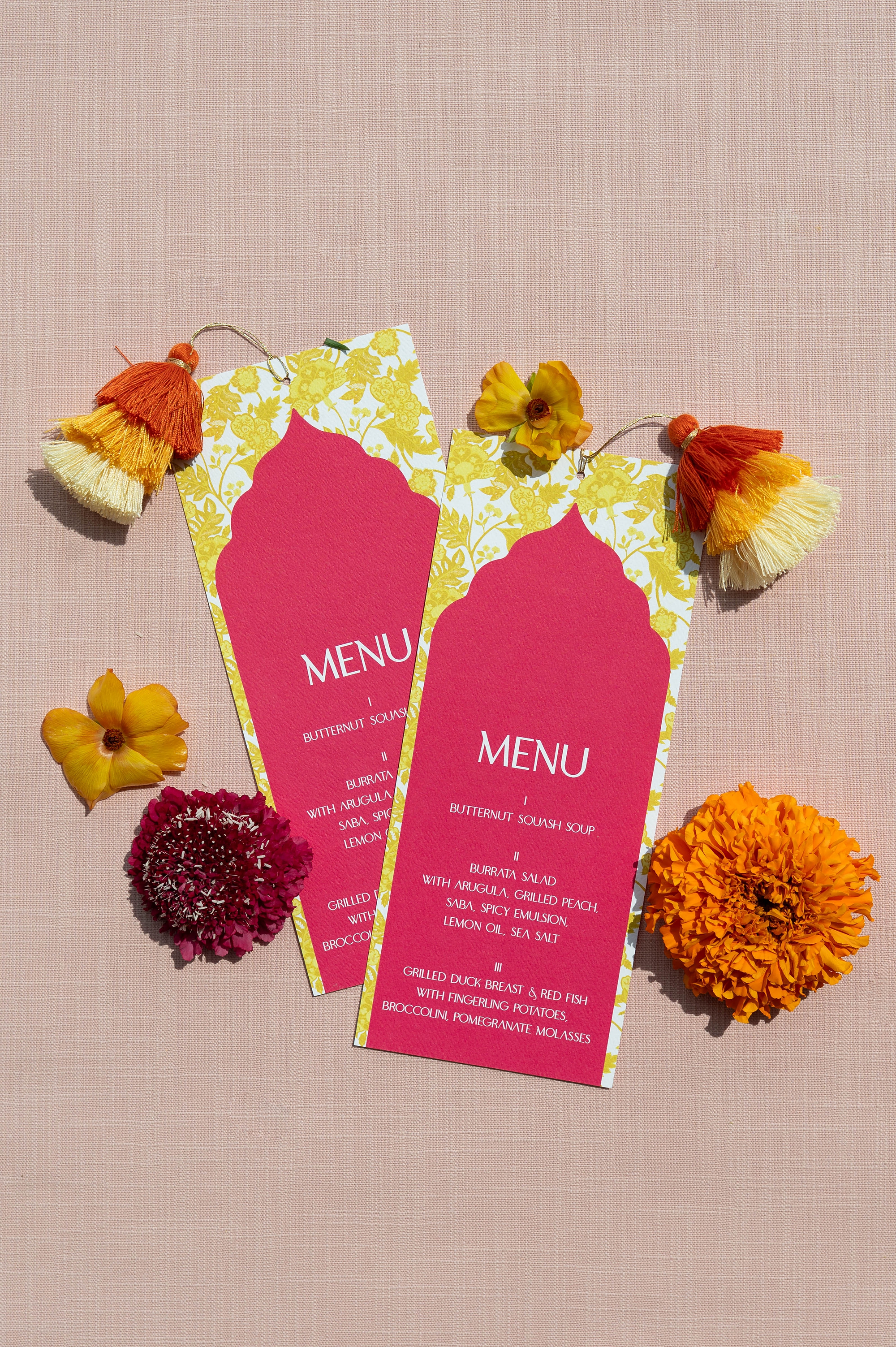 custom menus in yellow pattern and bright pink