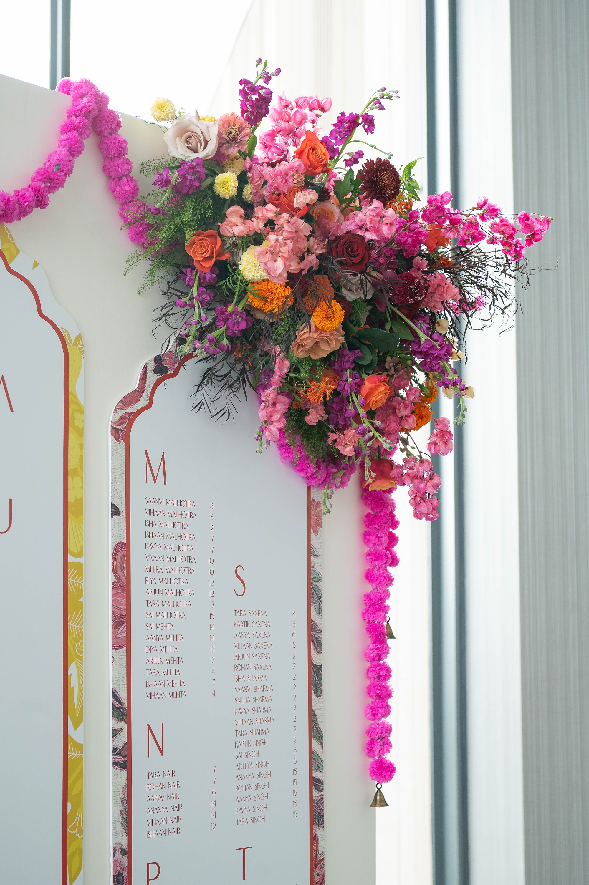 colorful flowers on corner of seating chart displau