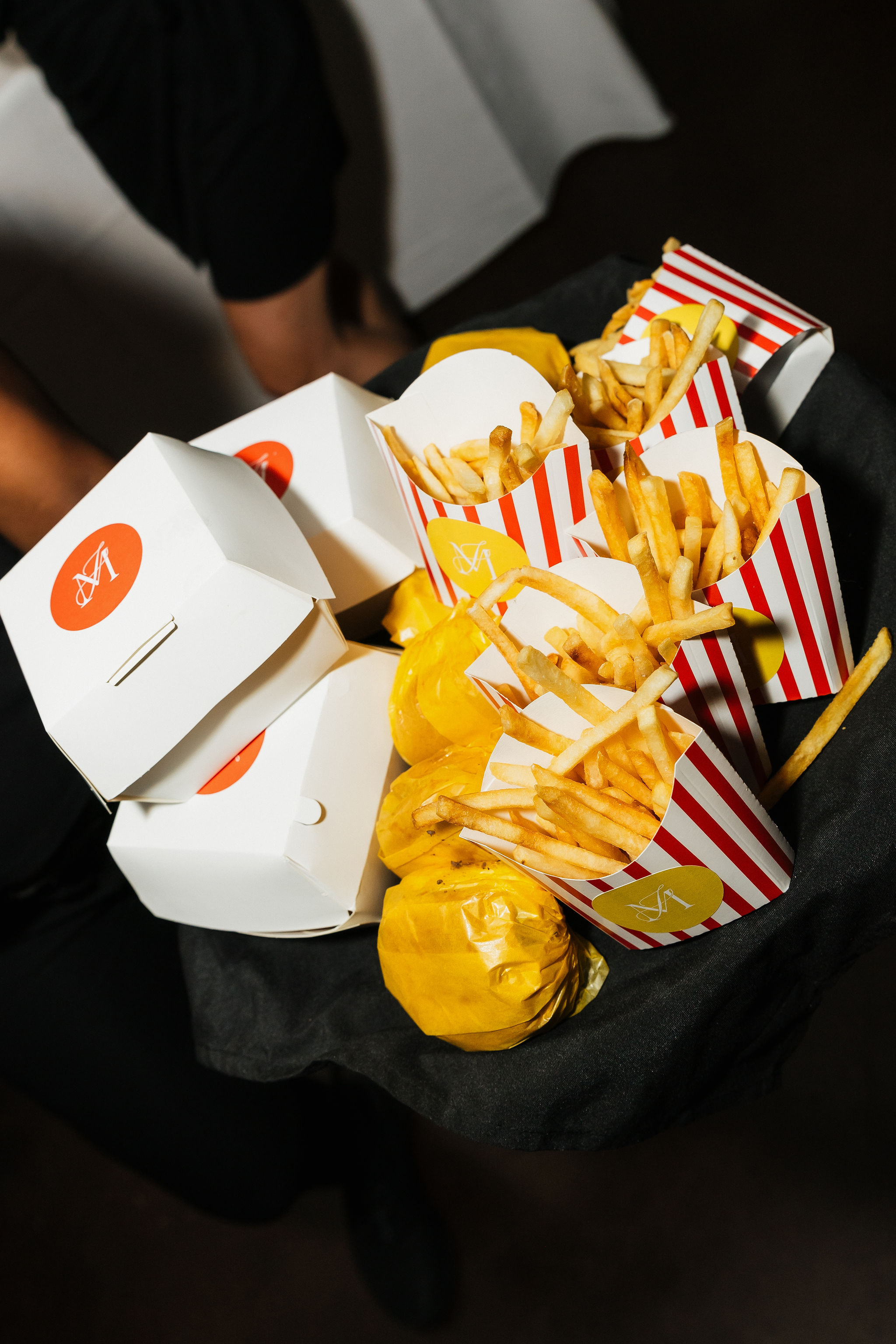 custom burger and fry boxes from Cherokee Dock wedding 