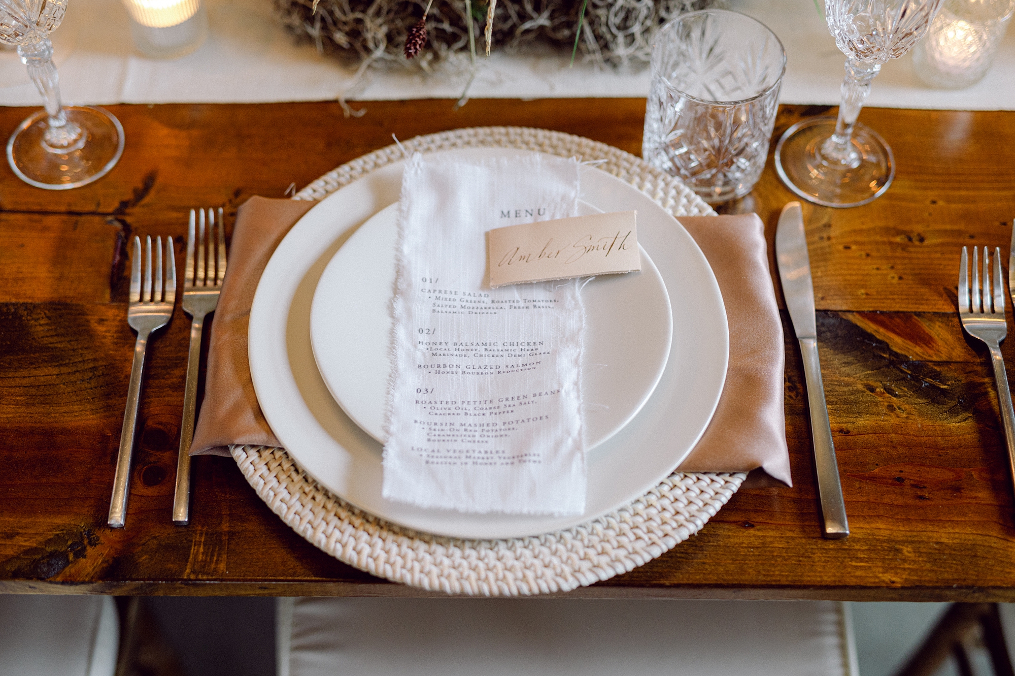 fabric menus and leather place cards  