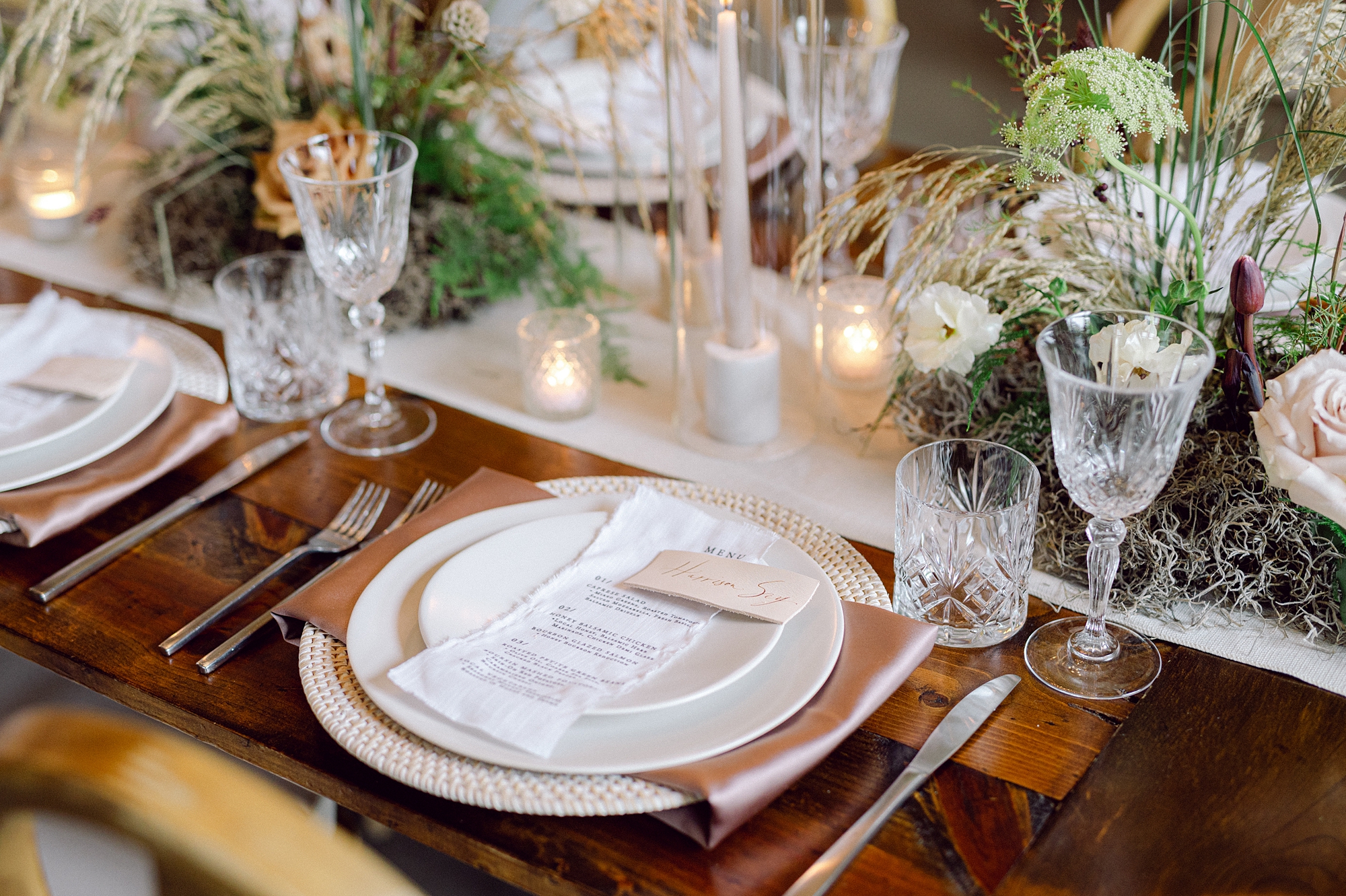 fabric menus and leather place cards   from Nashville wedding at Cedarmont Farm 