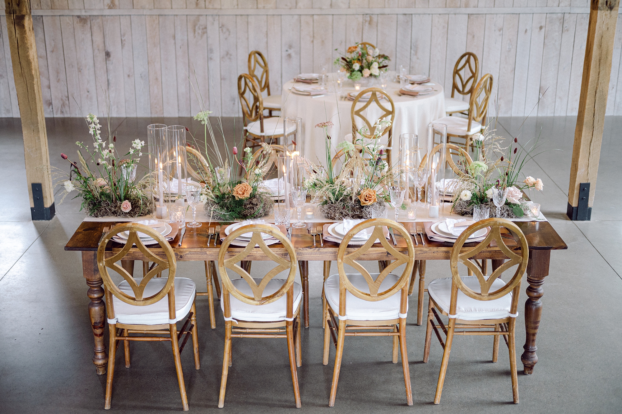 Elegant tablescape with organic florals at Cedarmont Farm
