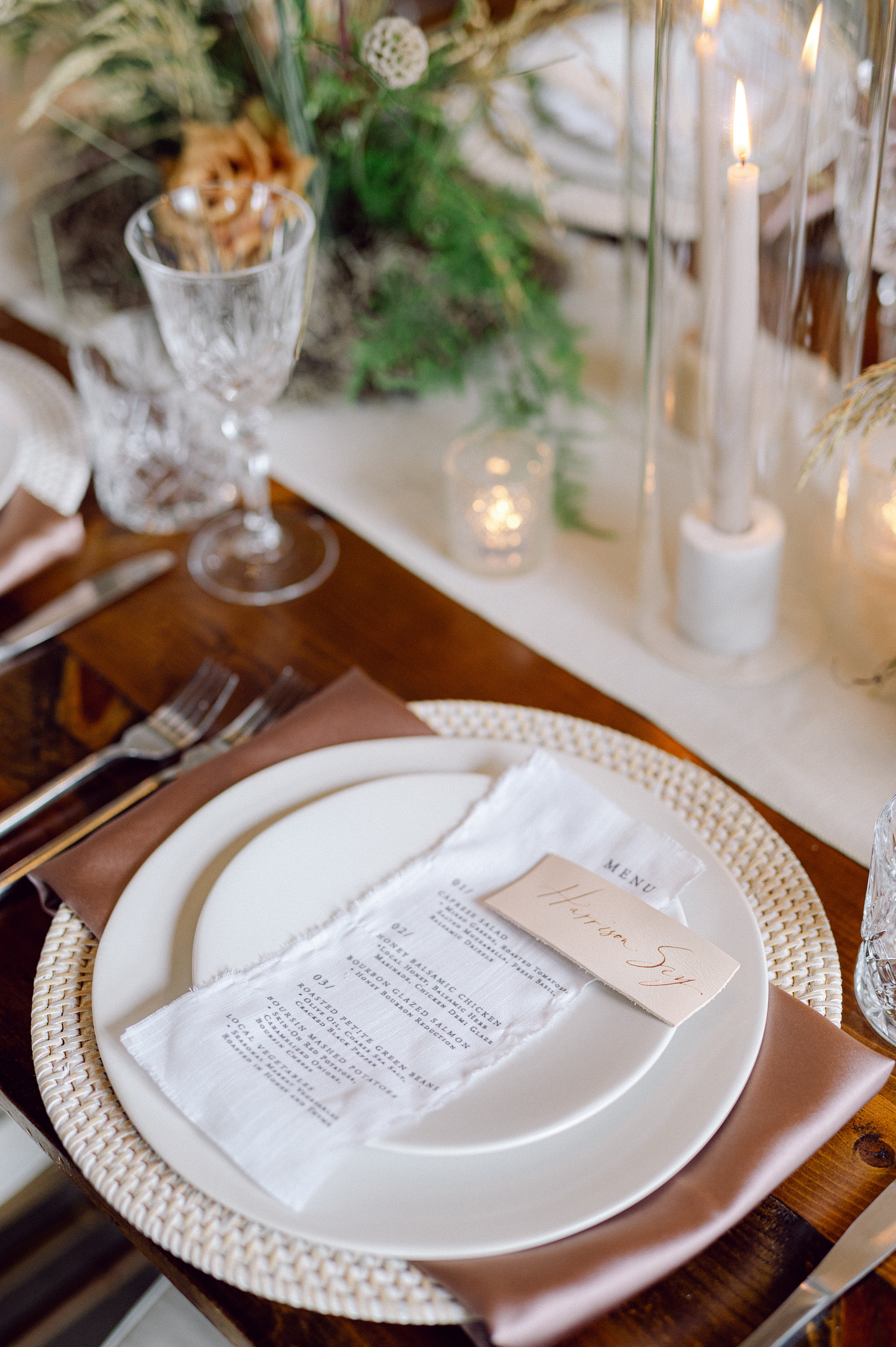 Elegant tablescape with fabric menus 