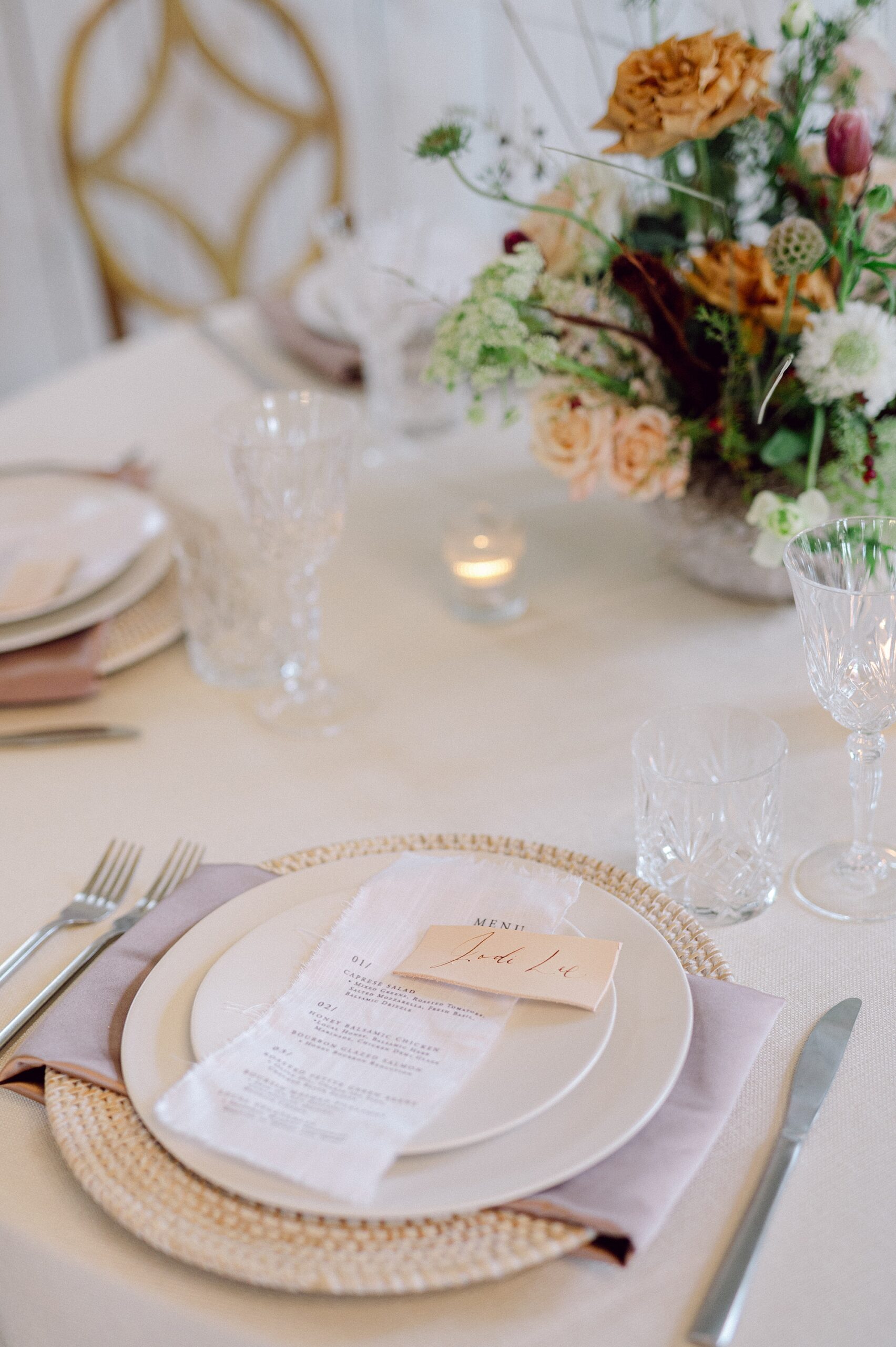 fabric menus and leather place cards   from Nashville wedding at Cedarmont Farm 