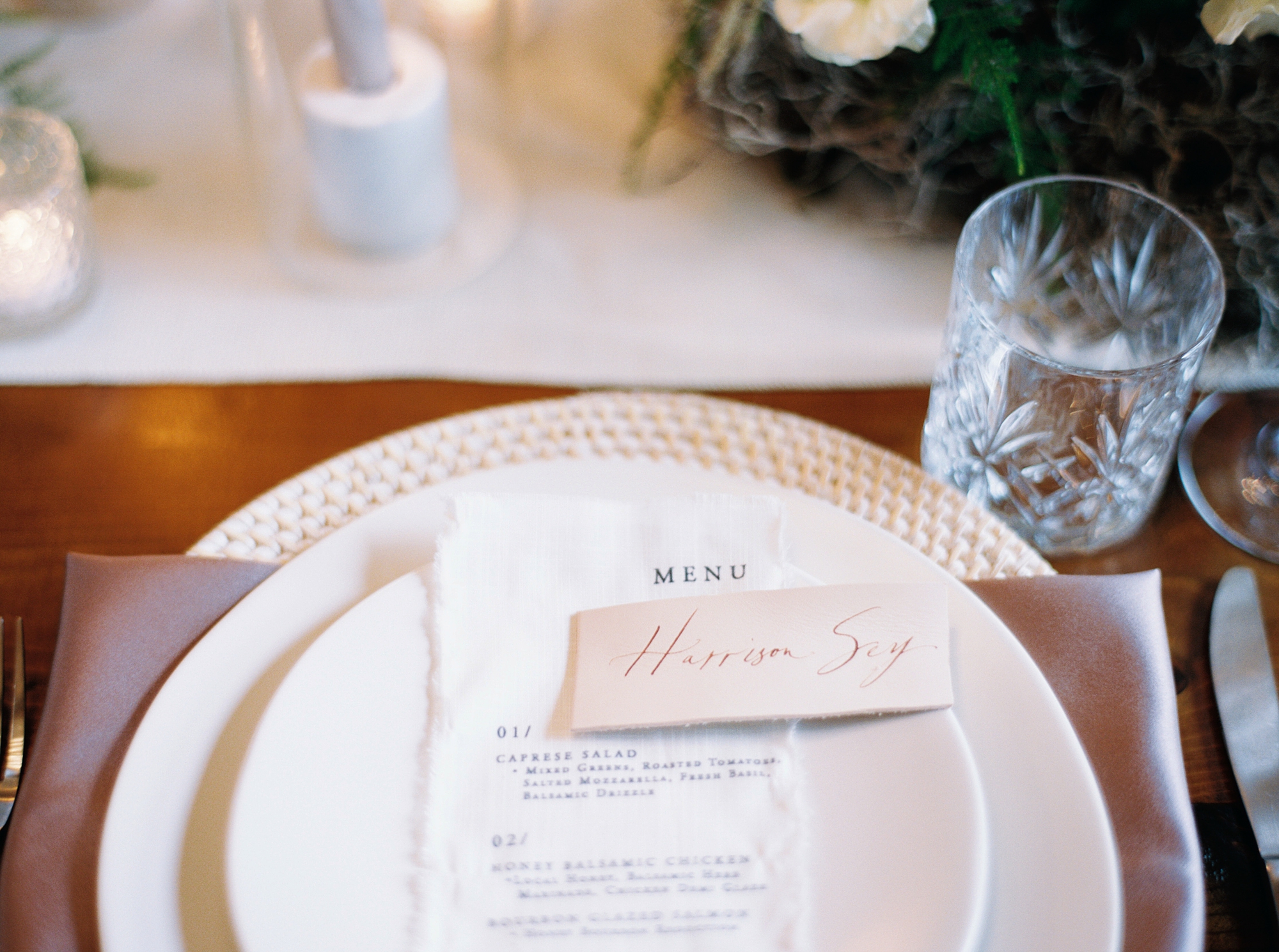 leather place cards on fabric menus 