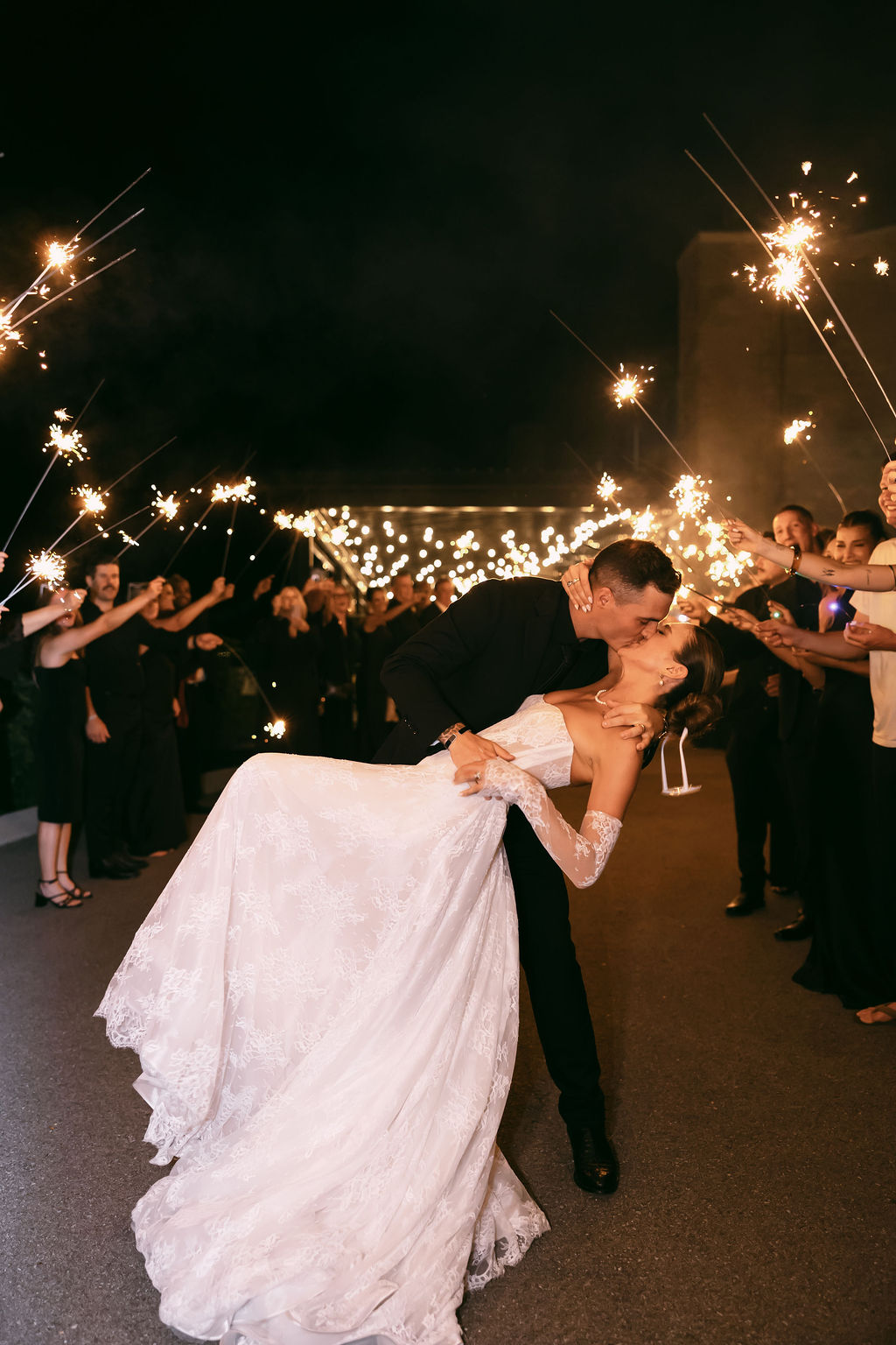romantic wedding portraits of newlyweds kissing at sparkler send off at Nashville wedding at Diamond Creek Farms 