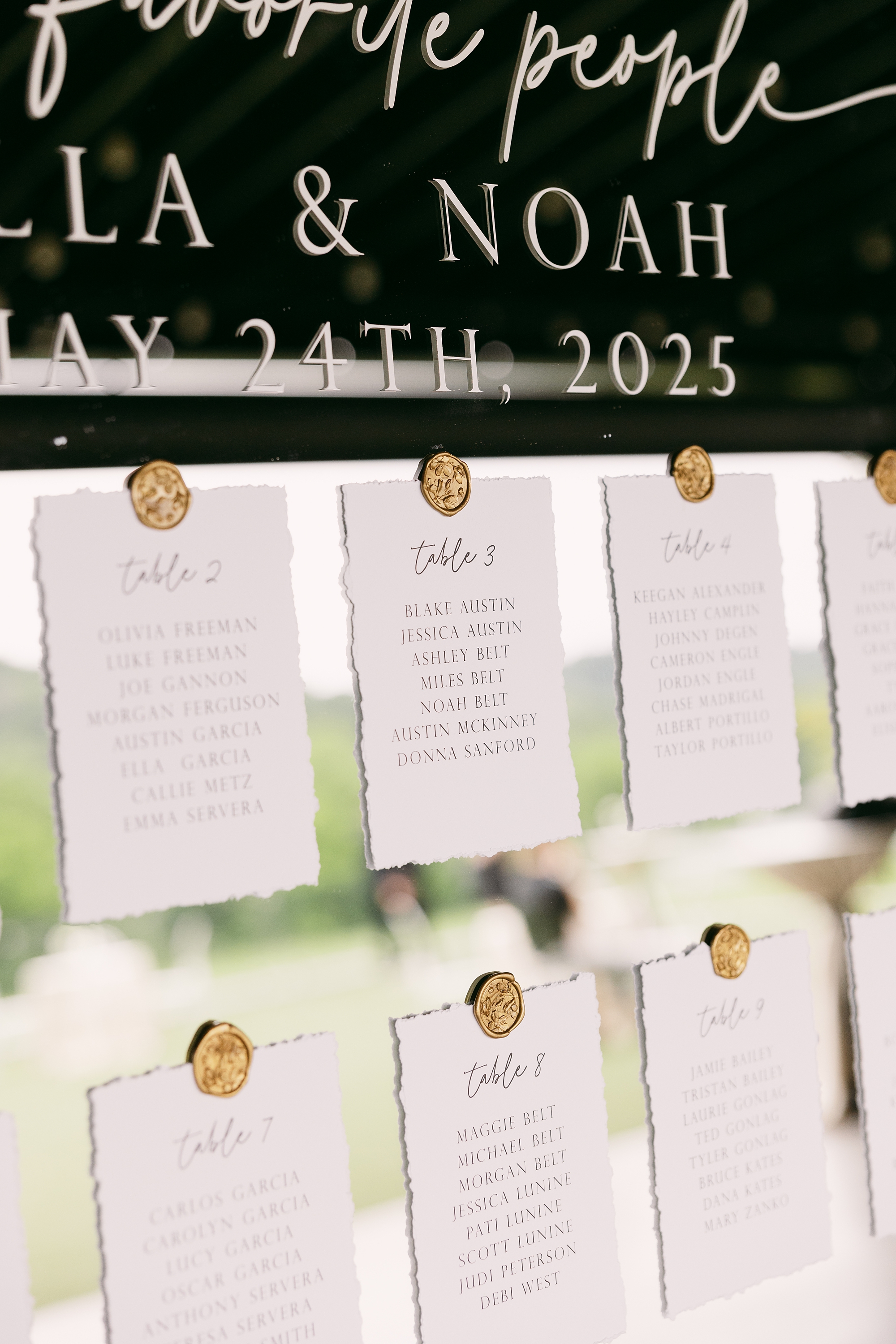 table assignments on handmade paper attached to mirror with gold wax seal