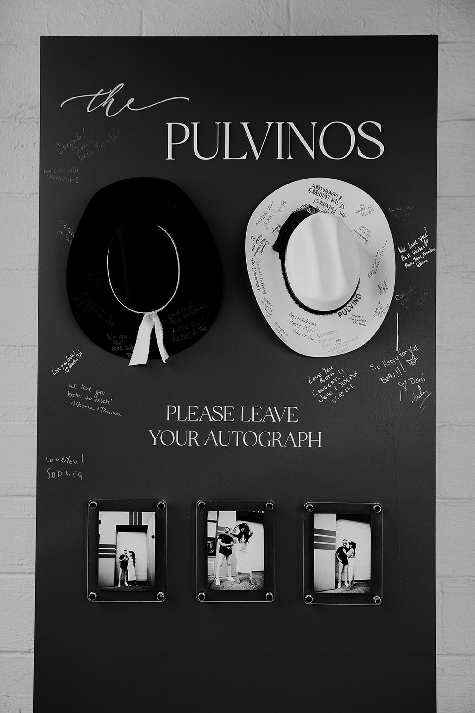 A Cowboy Hat Guestbook Wall  for classic black and white wedding at Saint Elle