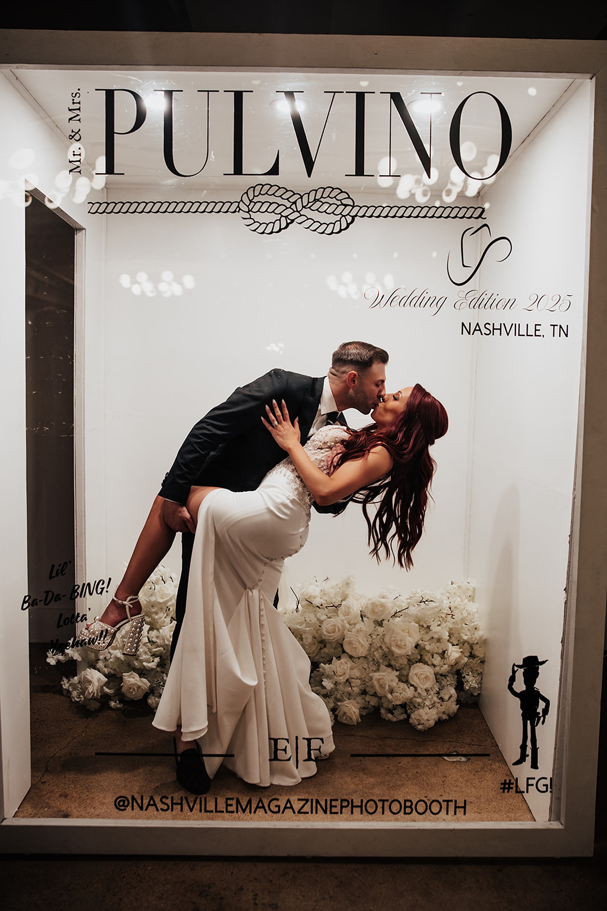 newlyweds kiss un framed displa classic black and white wedding at Saint Elle in Nashville 