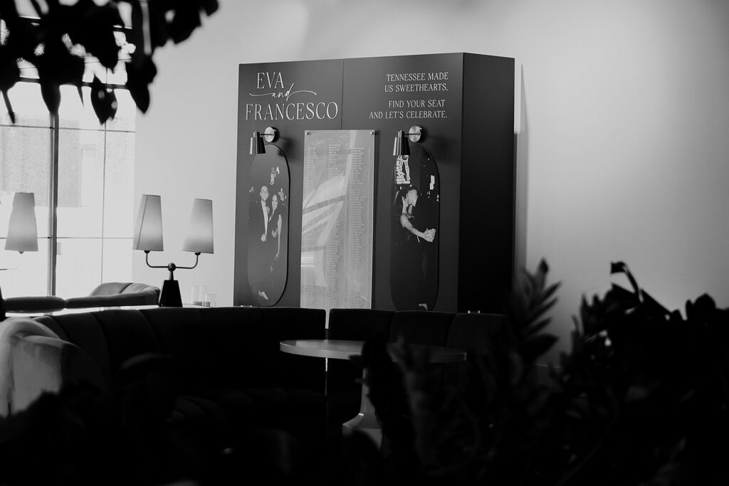 Classic Black & White Details a seating chart with engagement photos 