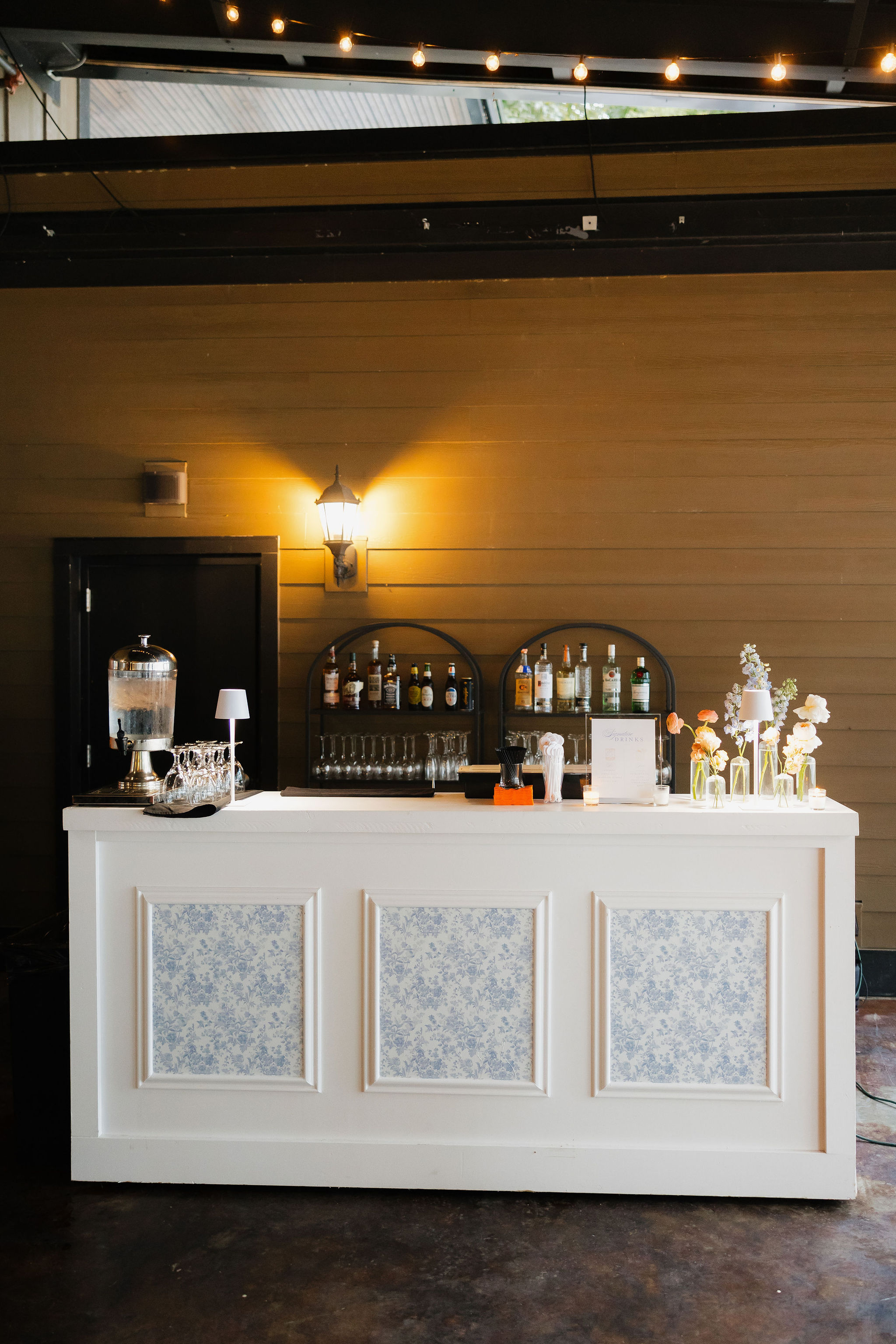 bar area at Cherokee Dock wedding with light blue inserts 