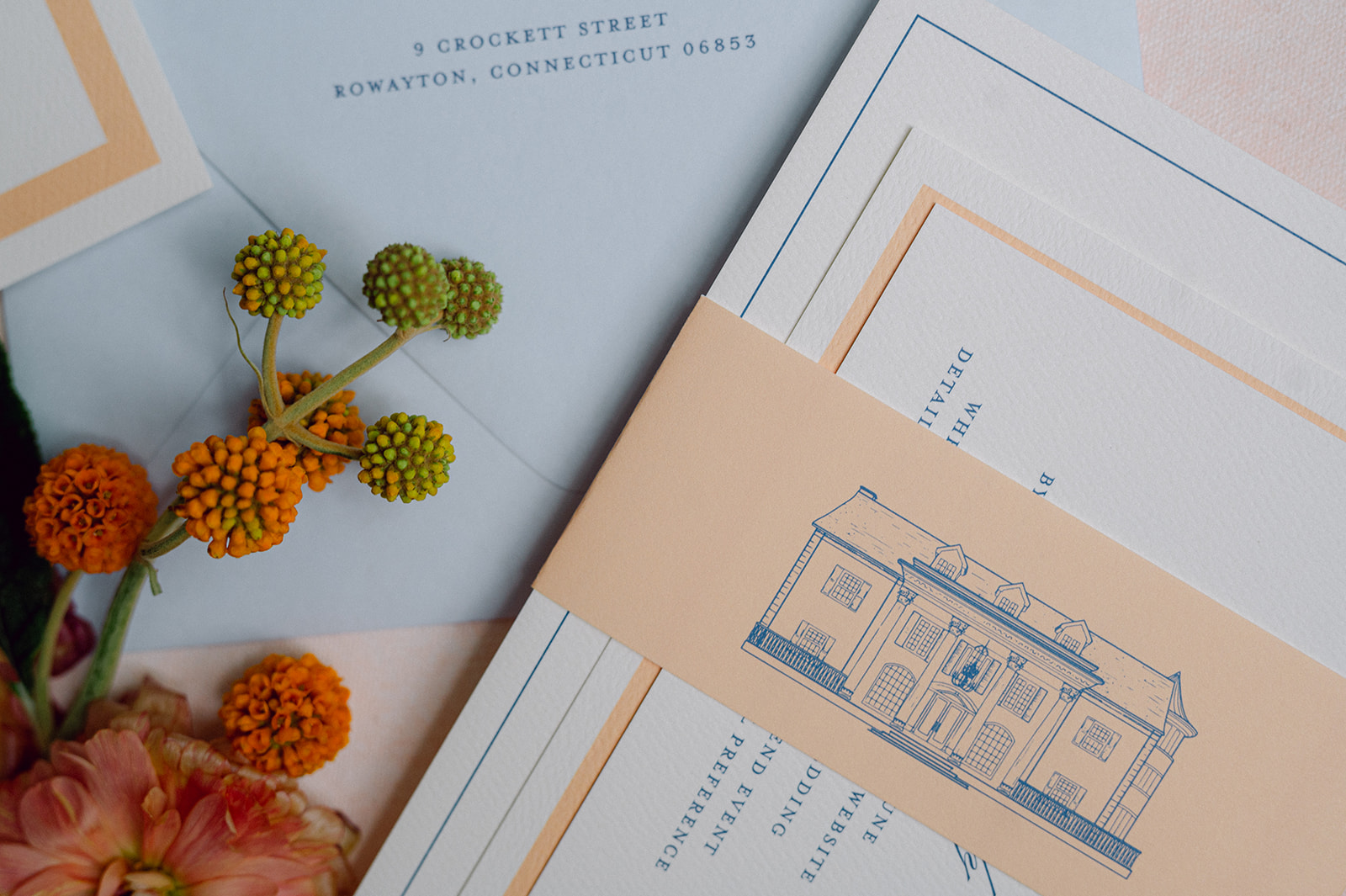 spring wedding invitation suite with custom sketch of wedding venue, Cherokee Dock in nashville 