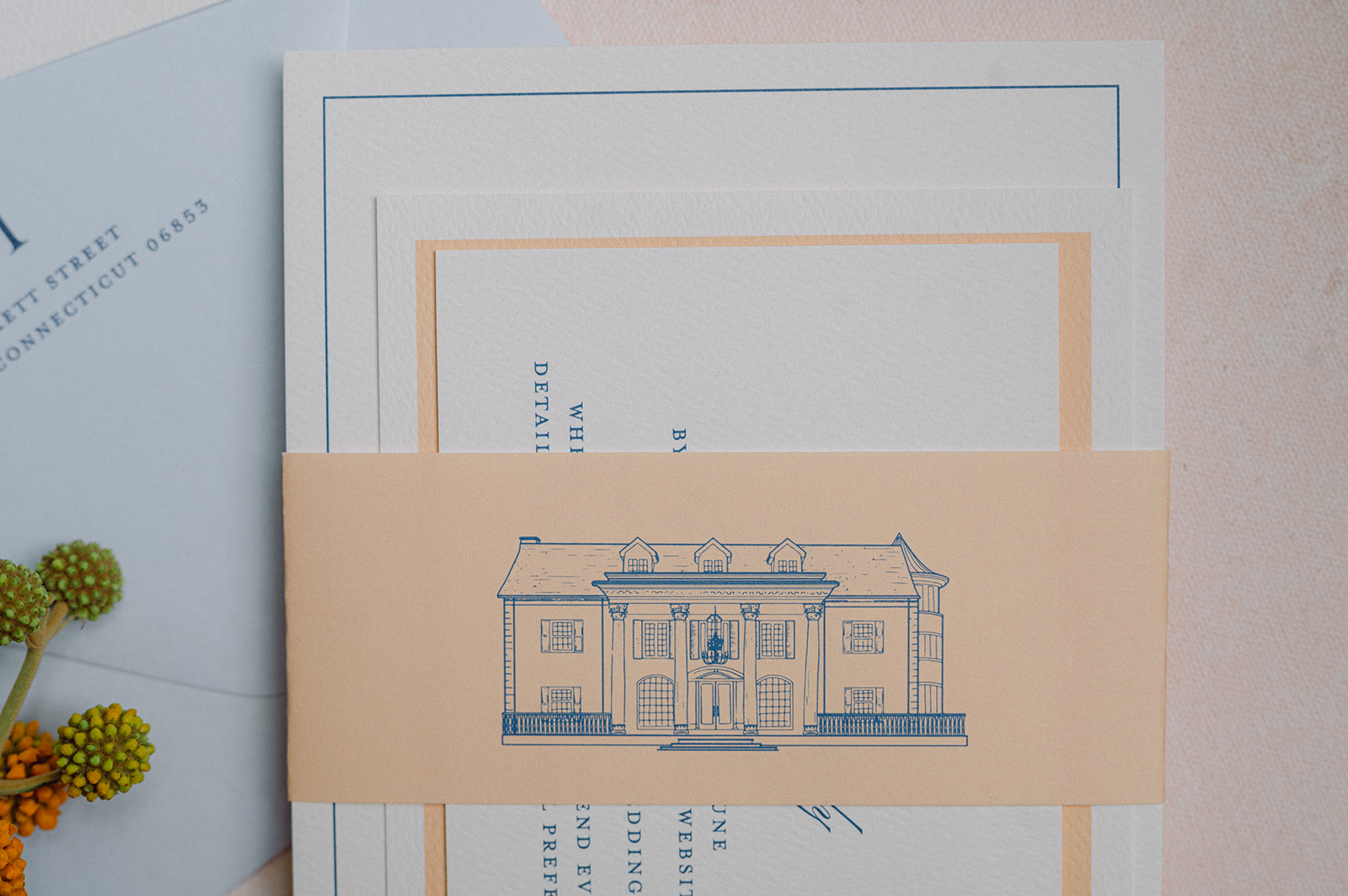 spring wedding invitation suite with custom sketch of wedding venue, Cherokee Dock in nashville 