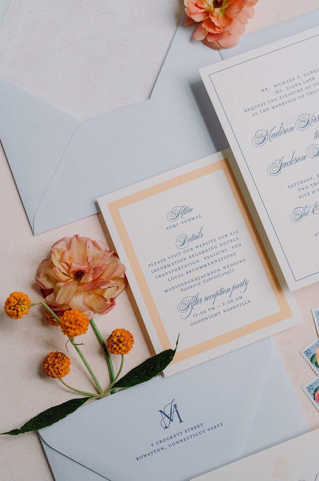 light blue and sherbert orange invitation suite 