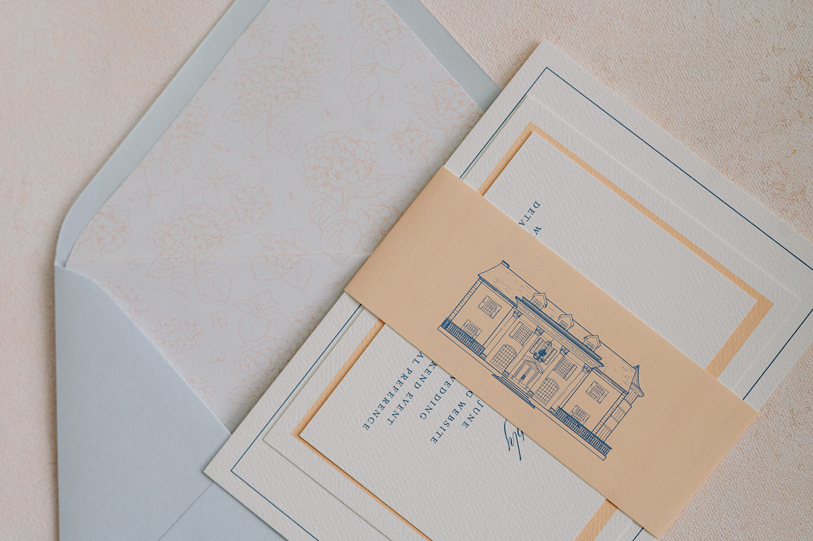 spring wedding invitation suite with custom sketch of wedding venue, Cherokee Dock in nashville 