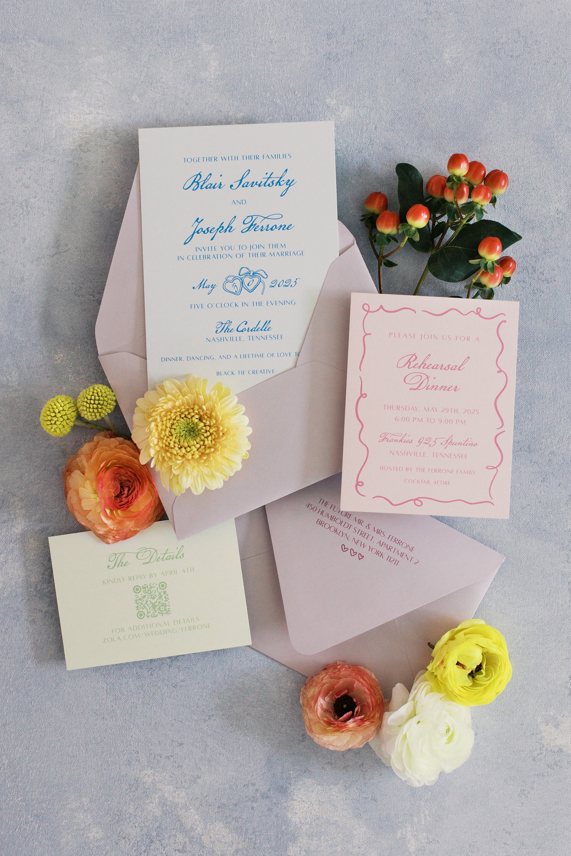 fun and playful wedding invitation with soft pastel colors 