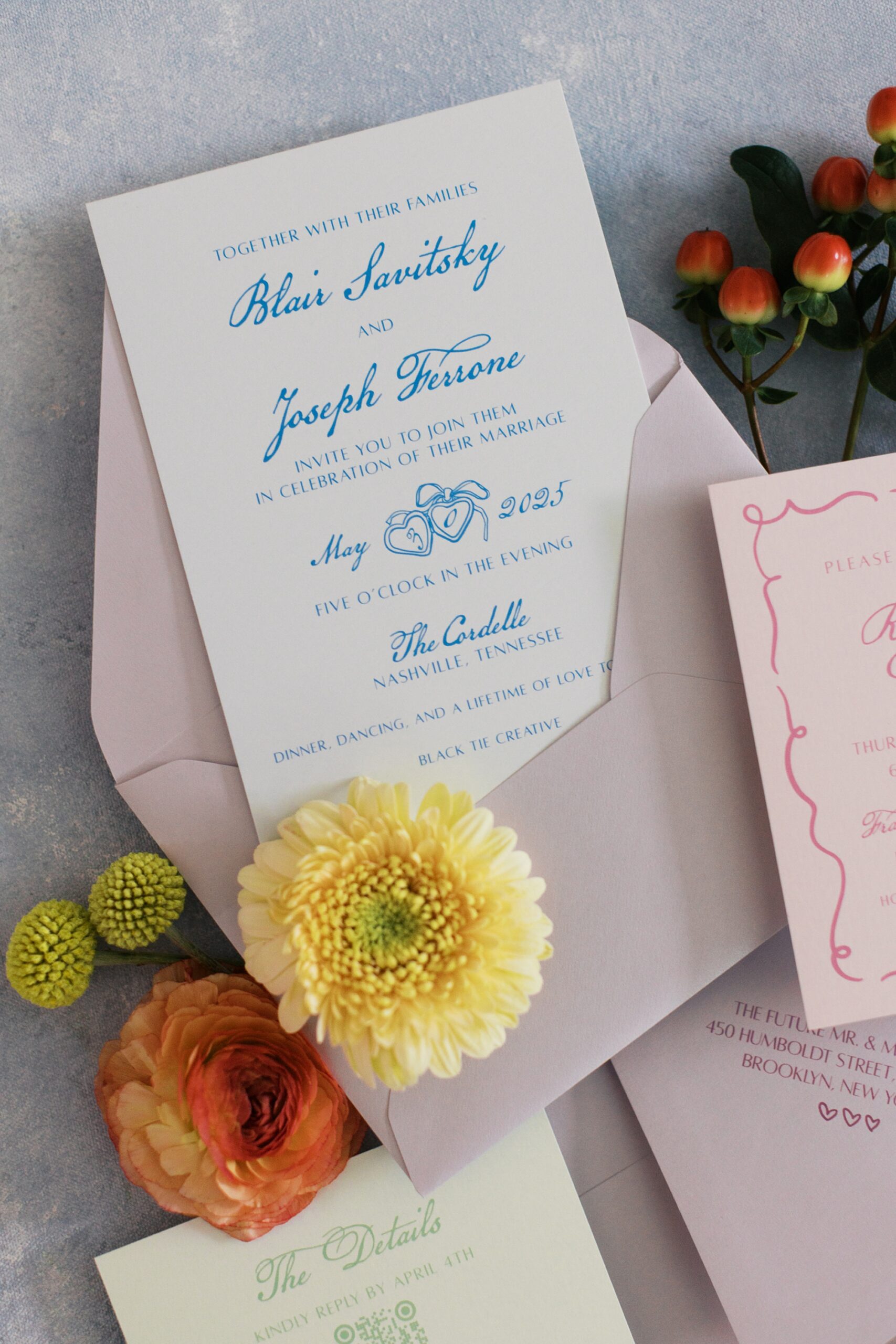 fun and playful wedding invitations in soft, pastel colors