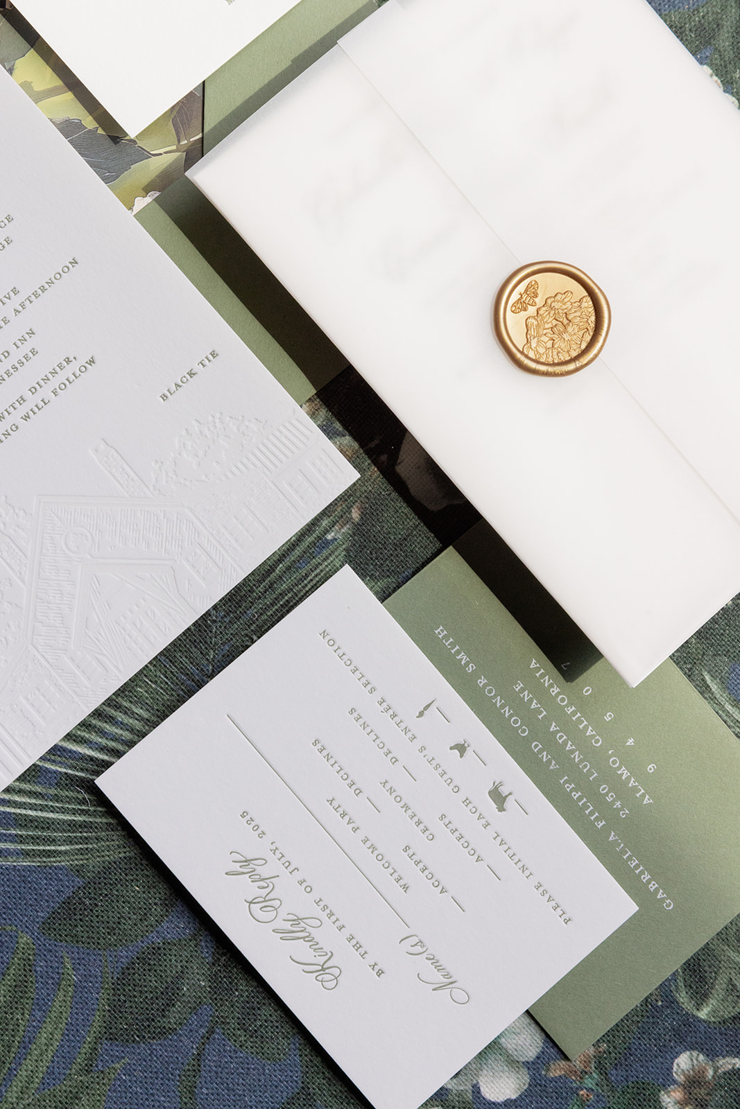 sage green and white wedding invitation suite with gold wax seal