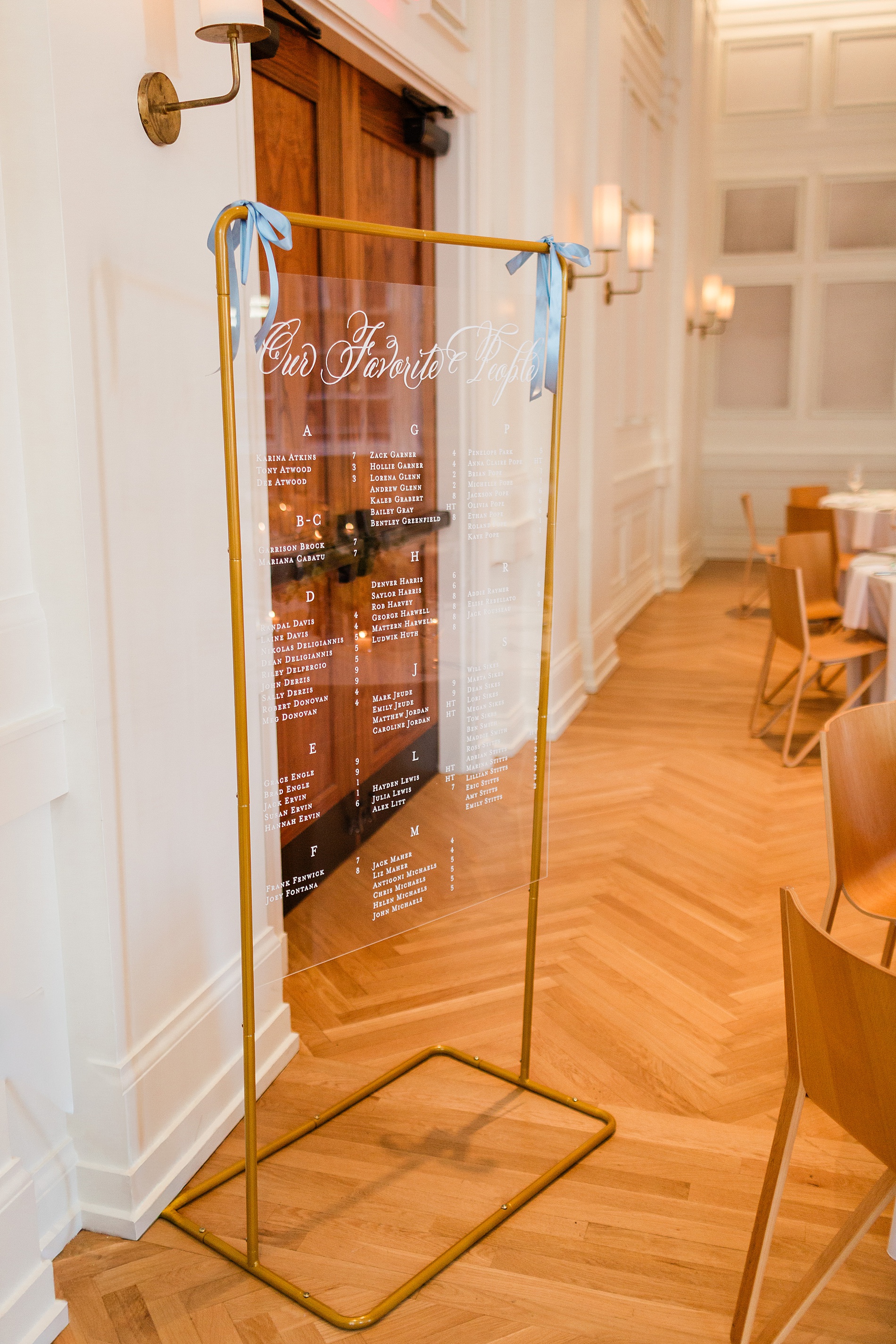 floating seating chart in gold frame