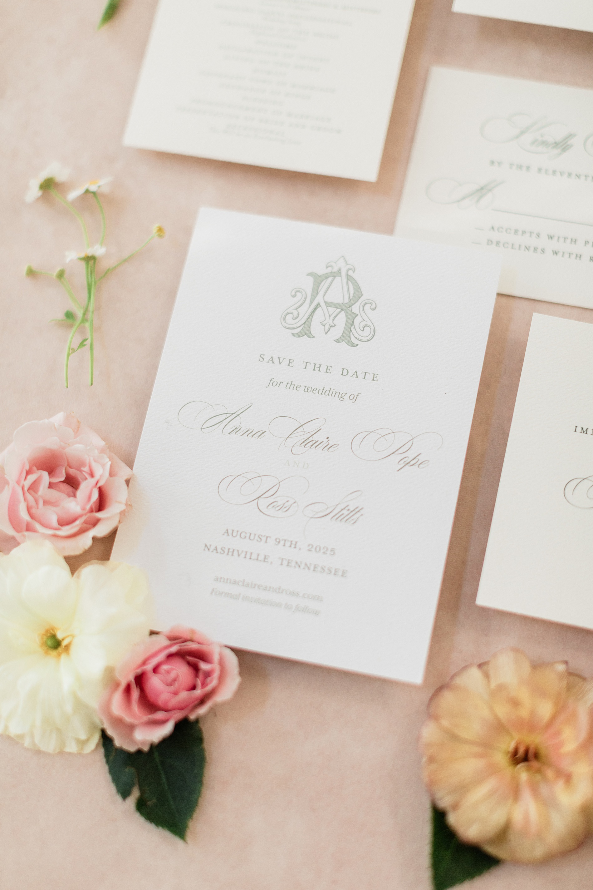 custom monogram on save the dates from elegant wedding invitations suite 
