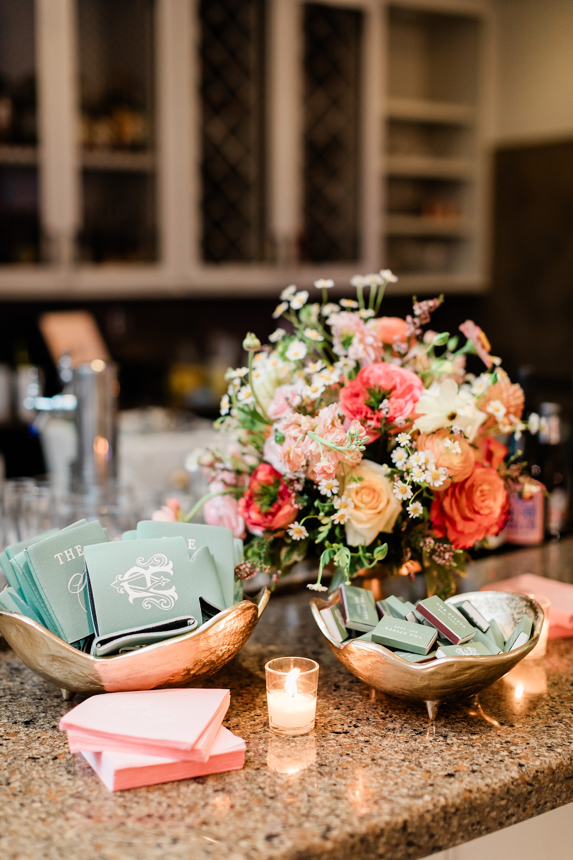 wedding party favors of custom drink koozies and matches