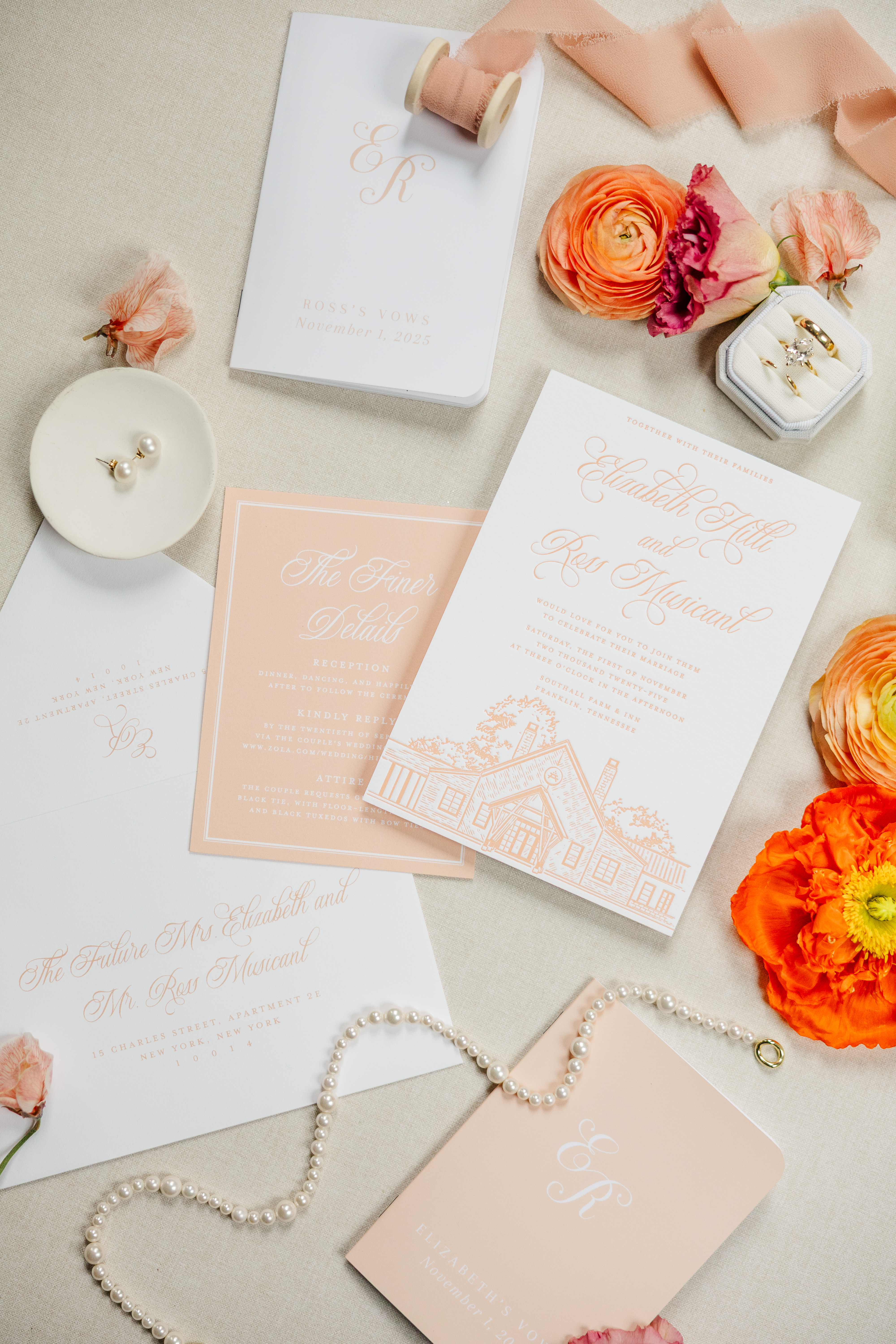elegant wedding invitations in white and pale peach