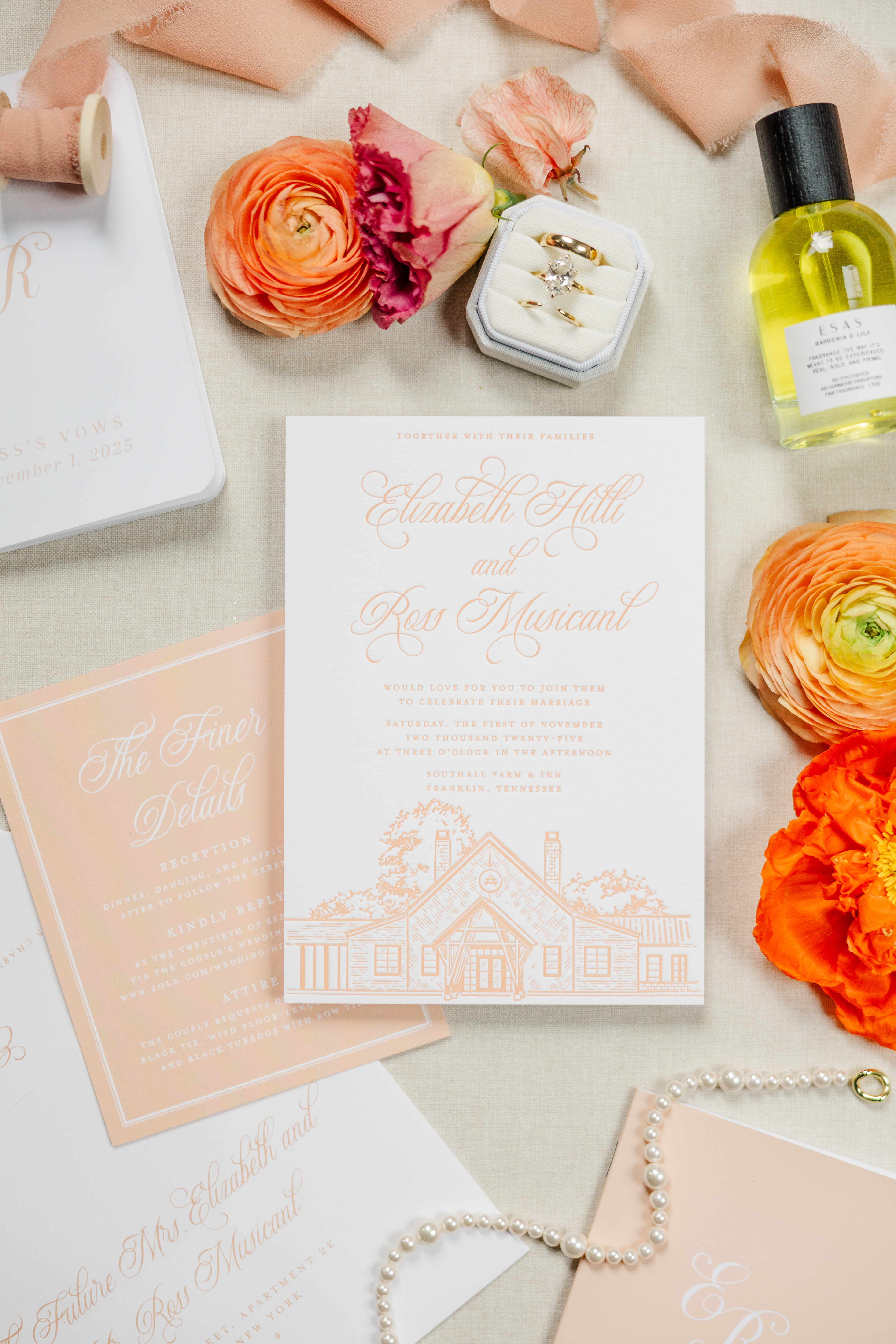 Custom wedding invitation suit in white and pale peach 